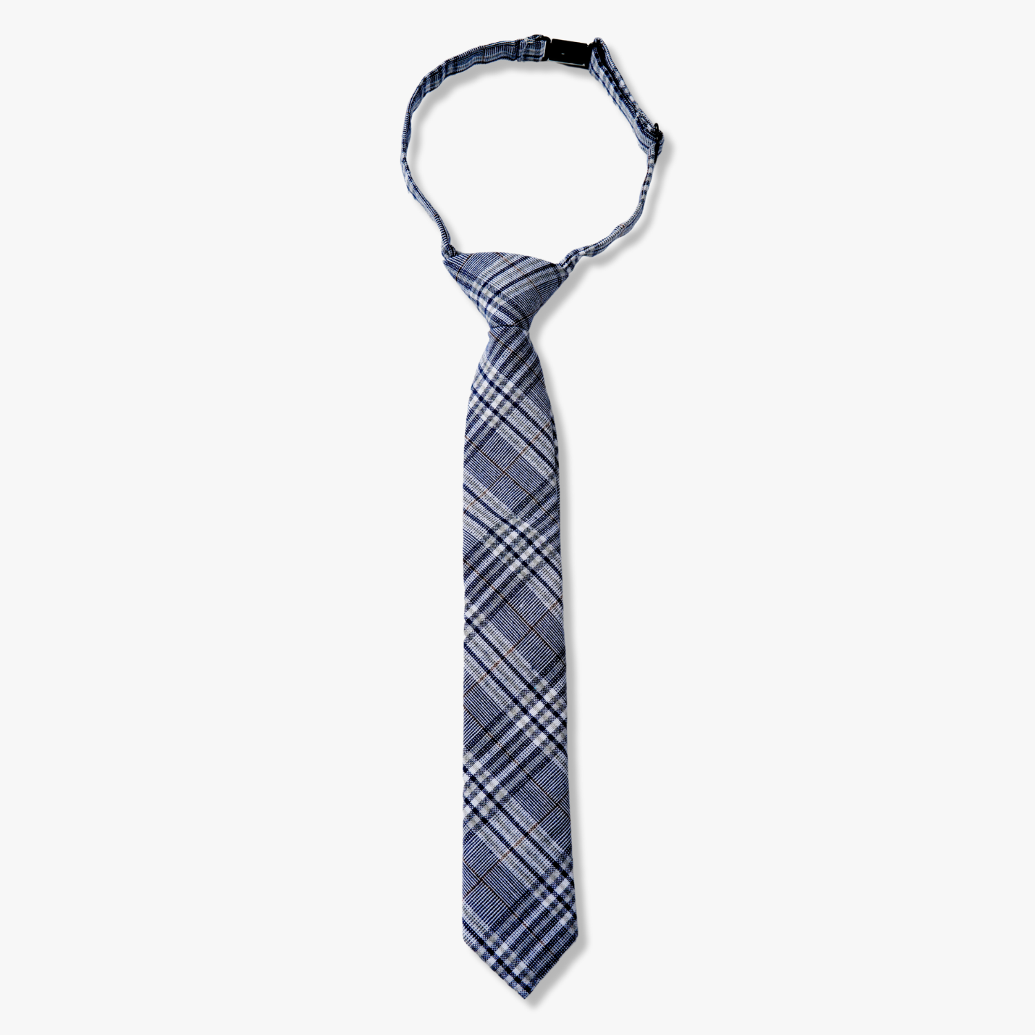 Kids striped pretied tie with navy blue plaid and light blue stripes, diagonal white bars, thin brown and criss cross design