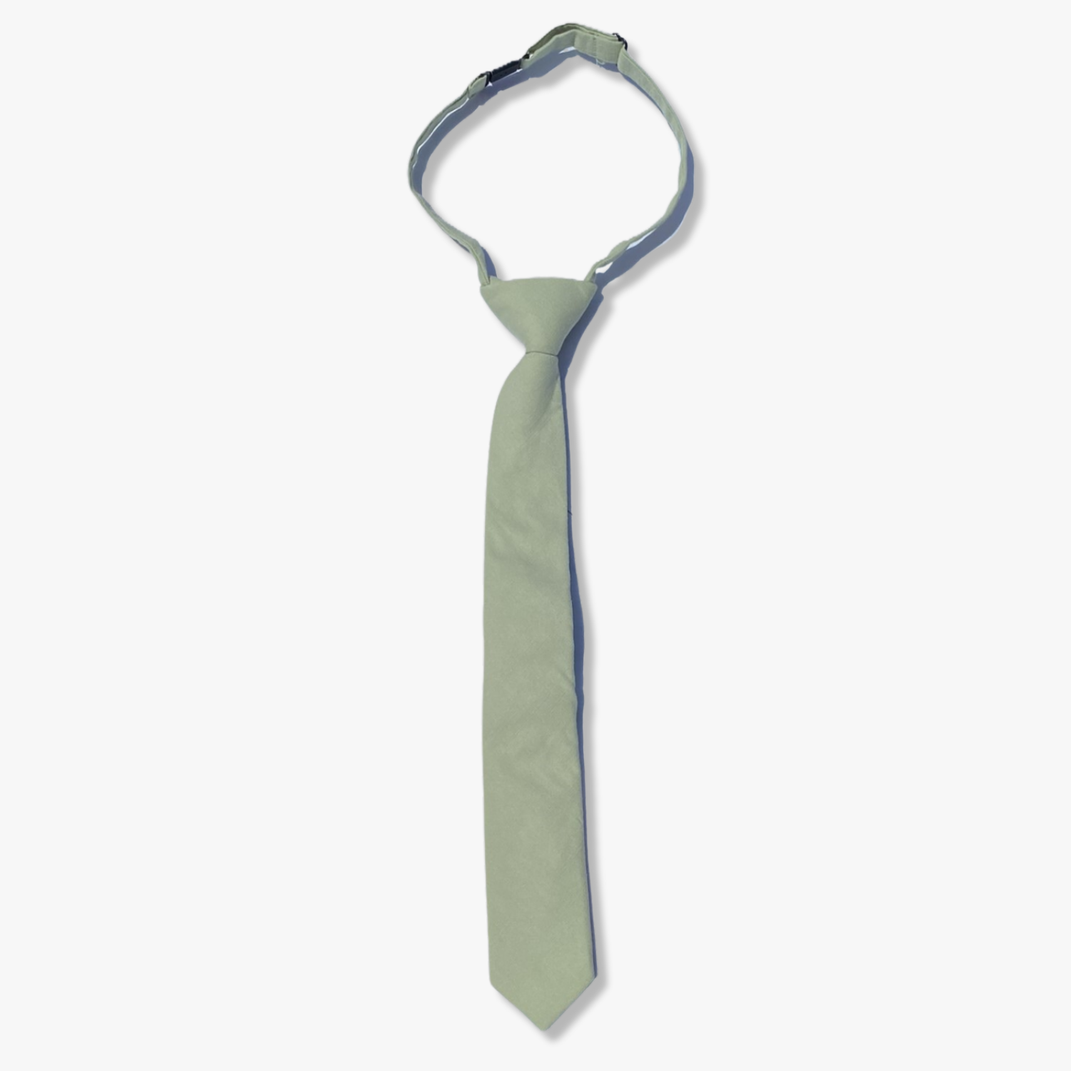 Kids pretied necktie for boys that fits babies, toddlers, big and little kids, and youth. The color is a neutral sage green.