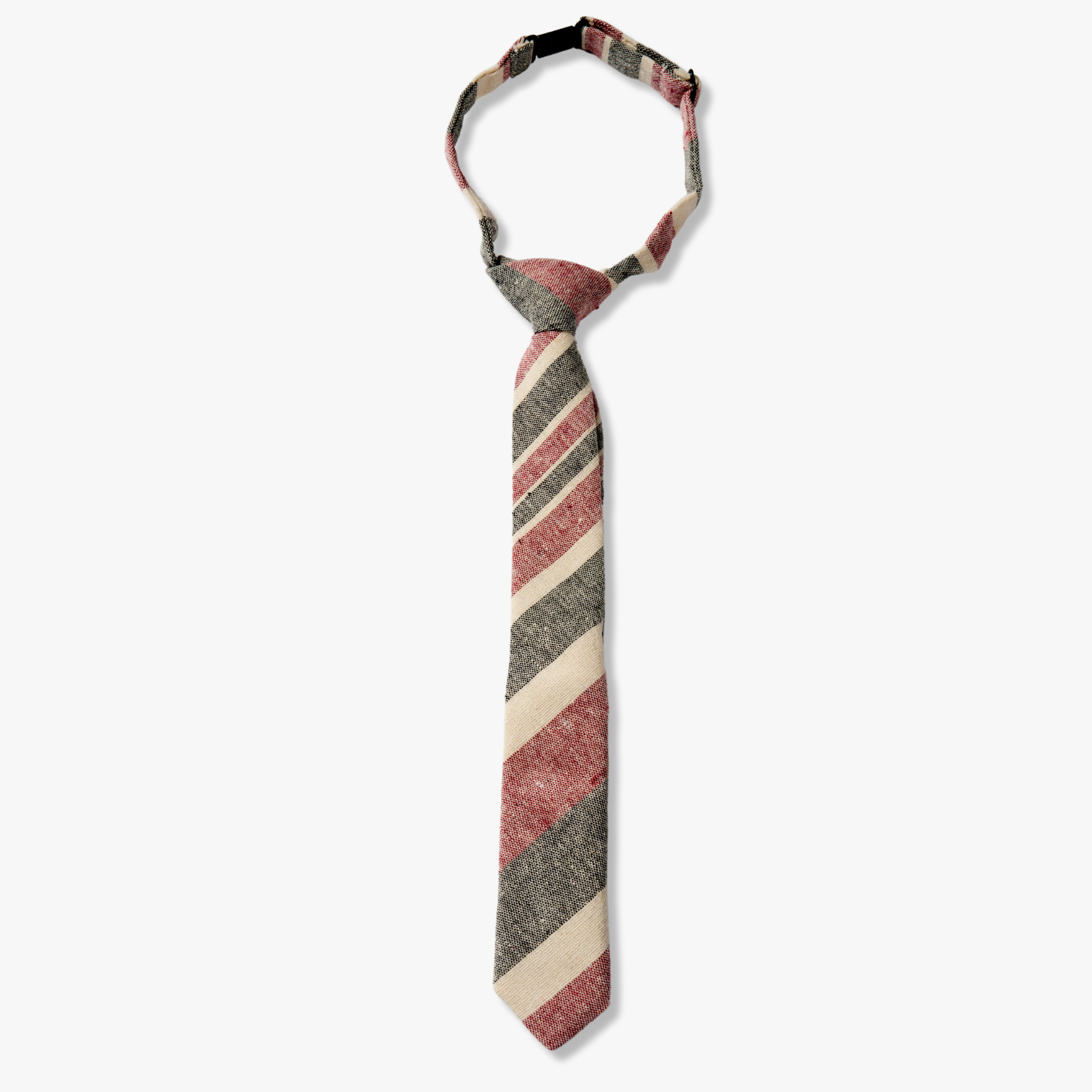 Kids striped pretied tie for boys with crimson red stripe, dark gray lines, beige cream bars, and colorful diagonal designs.