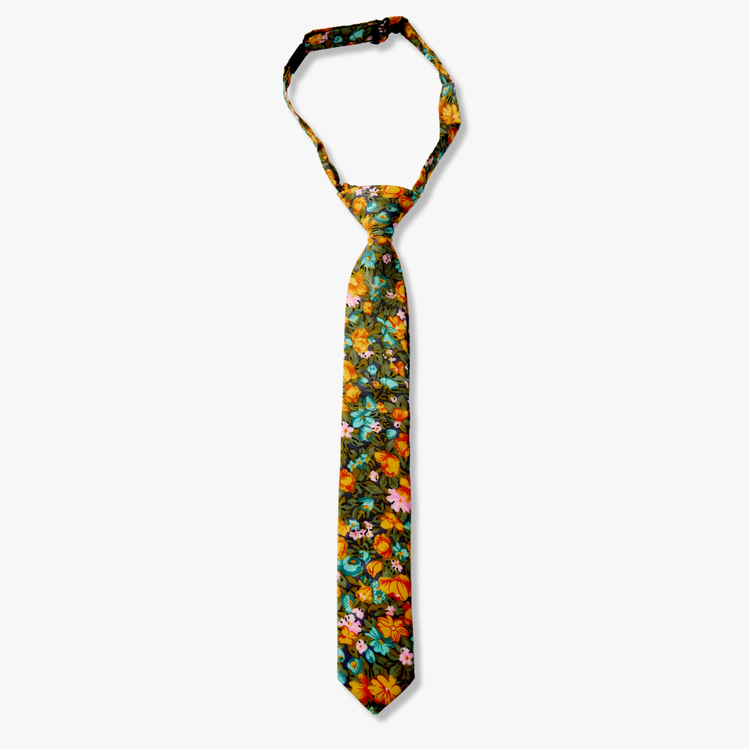 Floral necktie for boy kids with orange flowers, dark pletals, light blue blossoms and green leaves on black cotton fabric.