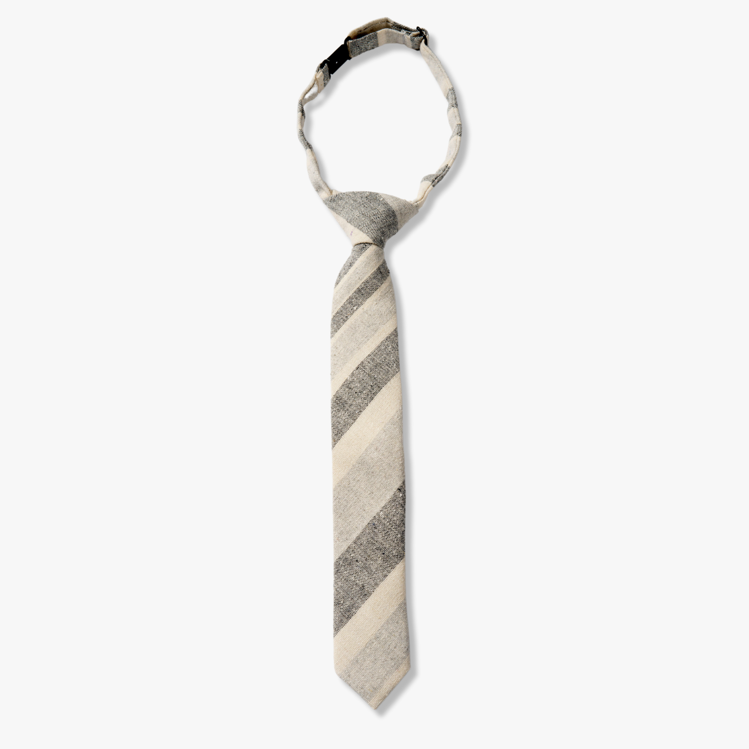 Kids striped pretied tie for boys with pale grey stripe, dark gray lines, cream color bars, and subdued diagonal designs.