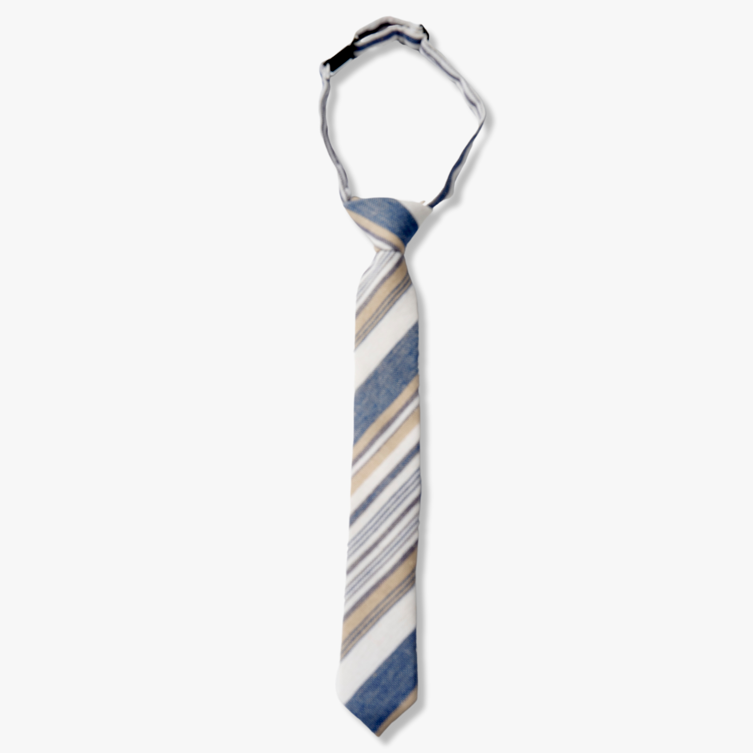 Kids striped pretied tie for 3 month-12 years, with thin dark blue stripe, white lines, gold bars, and diagonal designs.