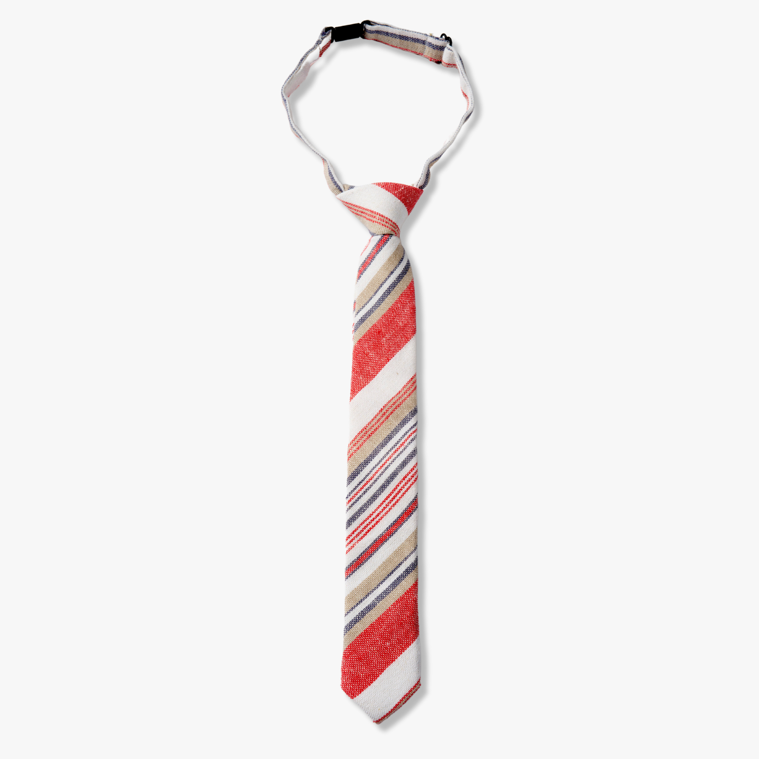Kids striped pretied tie for 3 month-12 years, with blood red stripe, white lines, gold bars, and colorful diagonal designs.