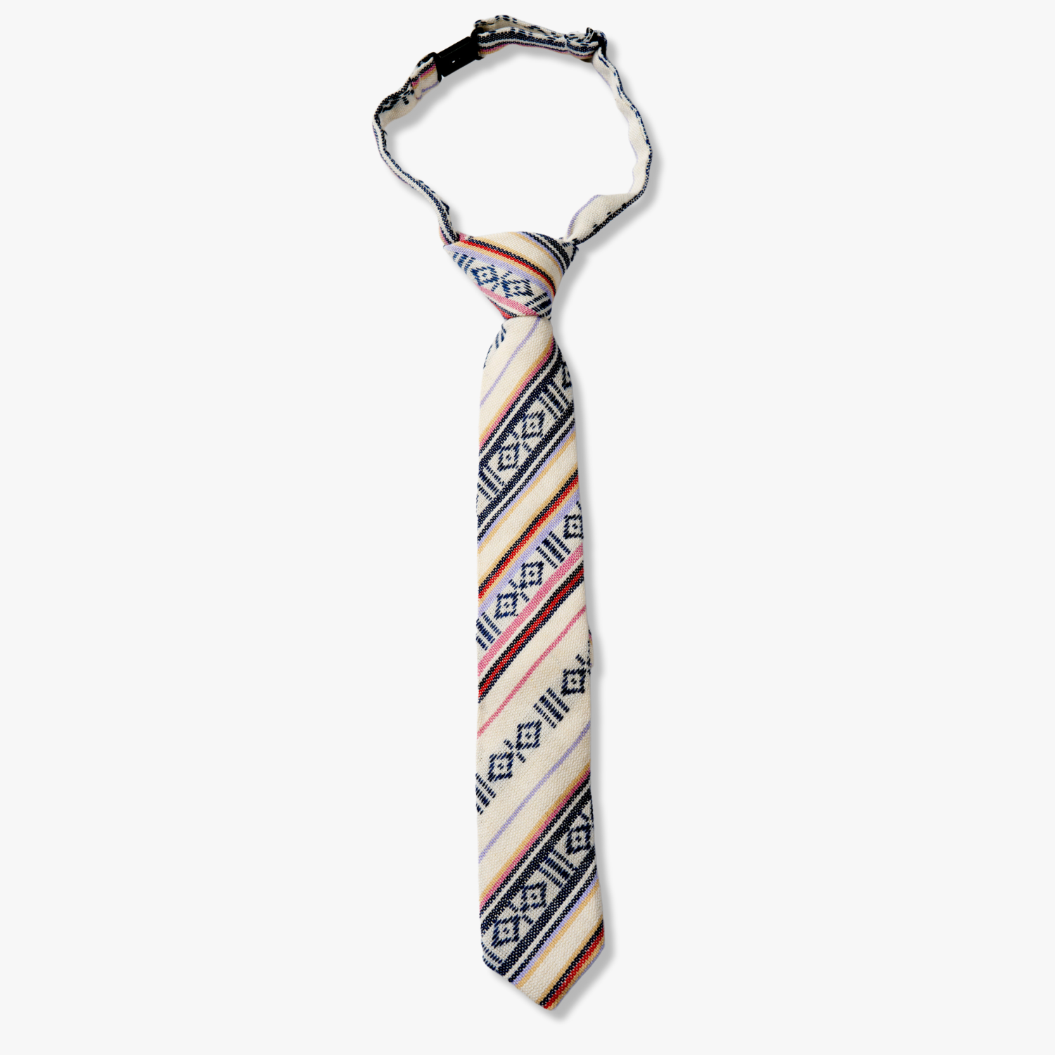 Kids striped pretied tie with black stripe, pink lines, thin red bars, Native American designs and Latin America style.