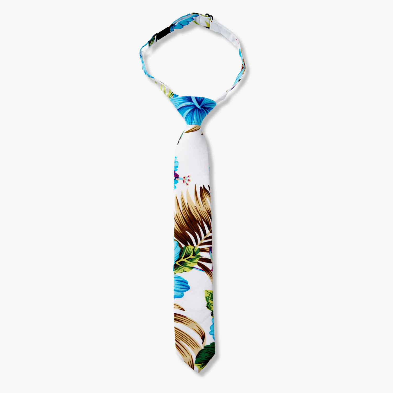 Kids floral pretied tie with large dusty blue beach flowers, hibiscus petals, spots of pink, and brown leaves on white fabric