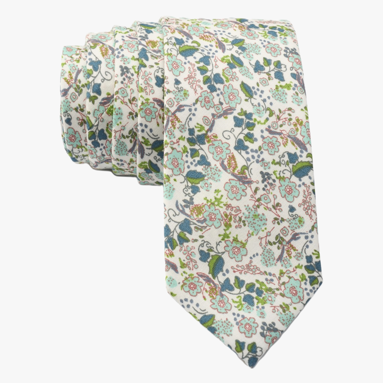 Floral necktie for men with dusty blue flowers, pink centers, turquoise blossoms and bluish green leaves on cotton fabric.