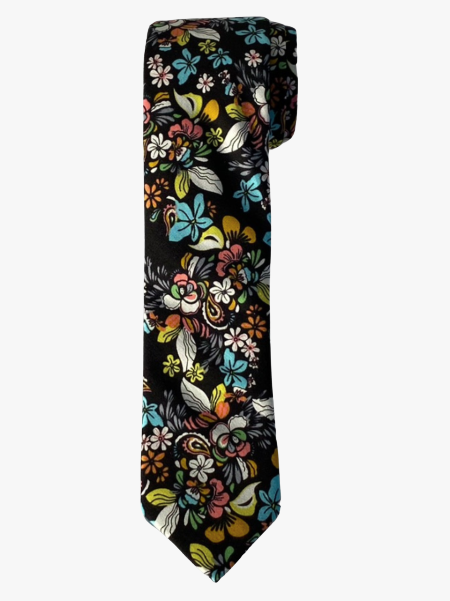 A rolled up black, blue, yellow, green, orange, and pink floral cotton necktie for teens, missionaries, men, and women.
