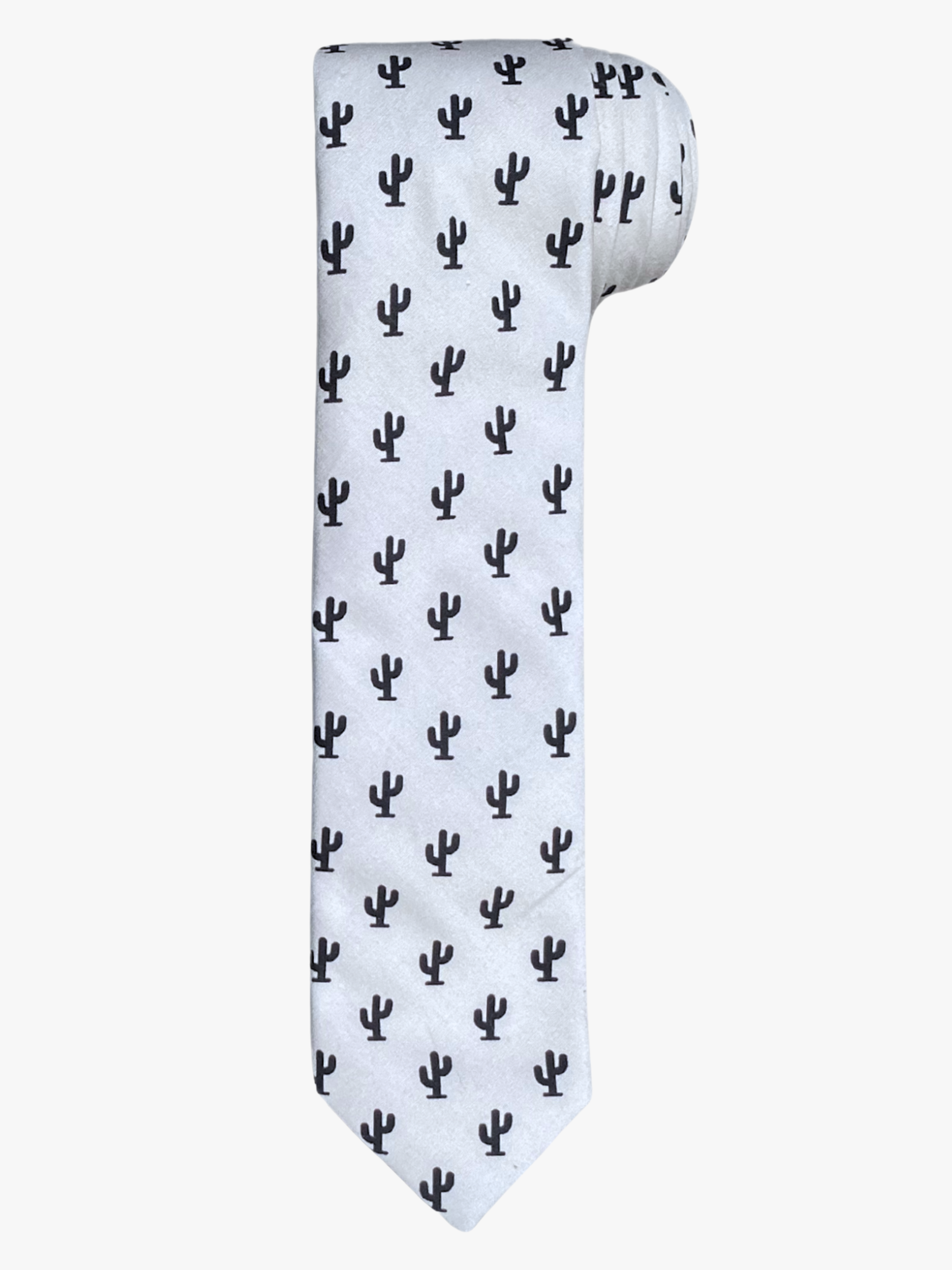 A rolled up unisex black and white Arizona desert cactus cotton necktie for teens, adults, men, and women.