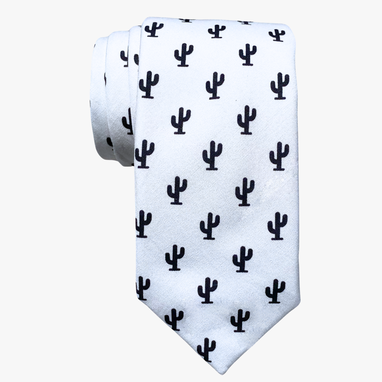 Adult mens cotton Arizona desert cactus tie with black cacti outlines on a simple white fabric, and a soft feel.