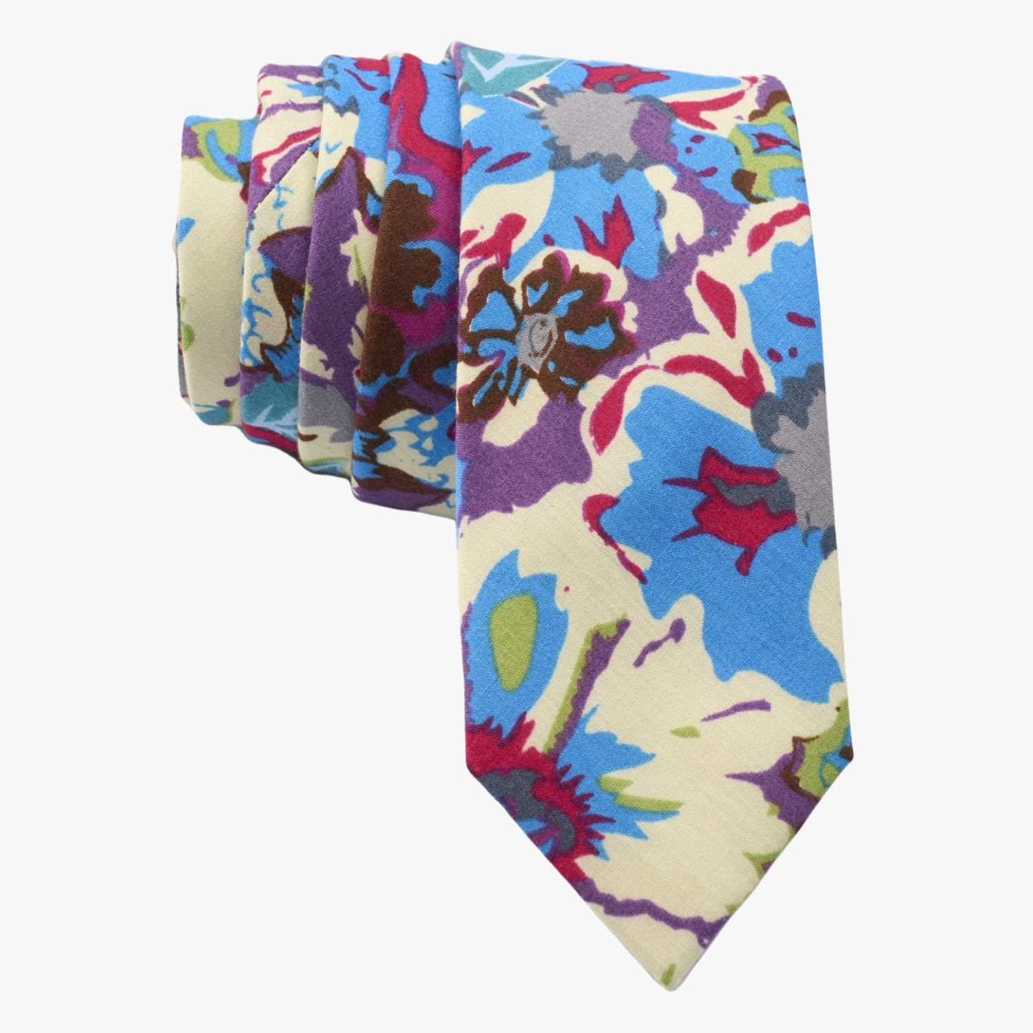 Retro 90s floral necktie for men with white flowers, blue petals, purple blossoms and light green leaves on cotton fabric.
