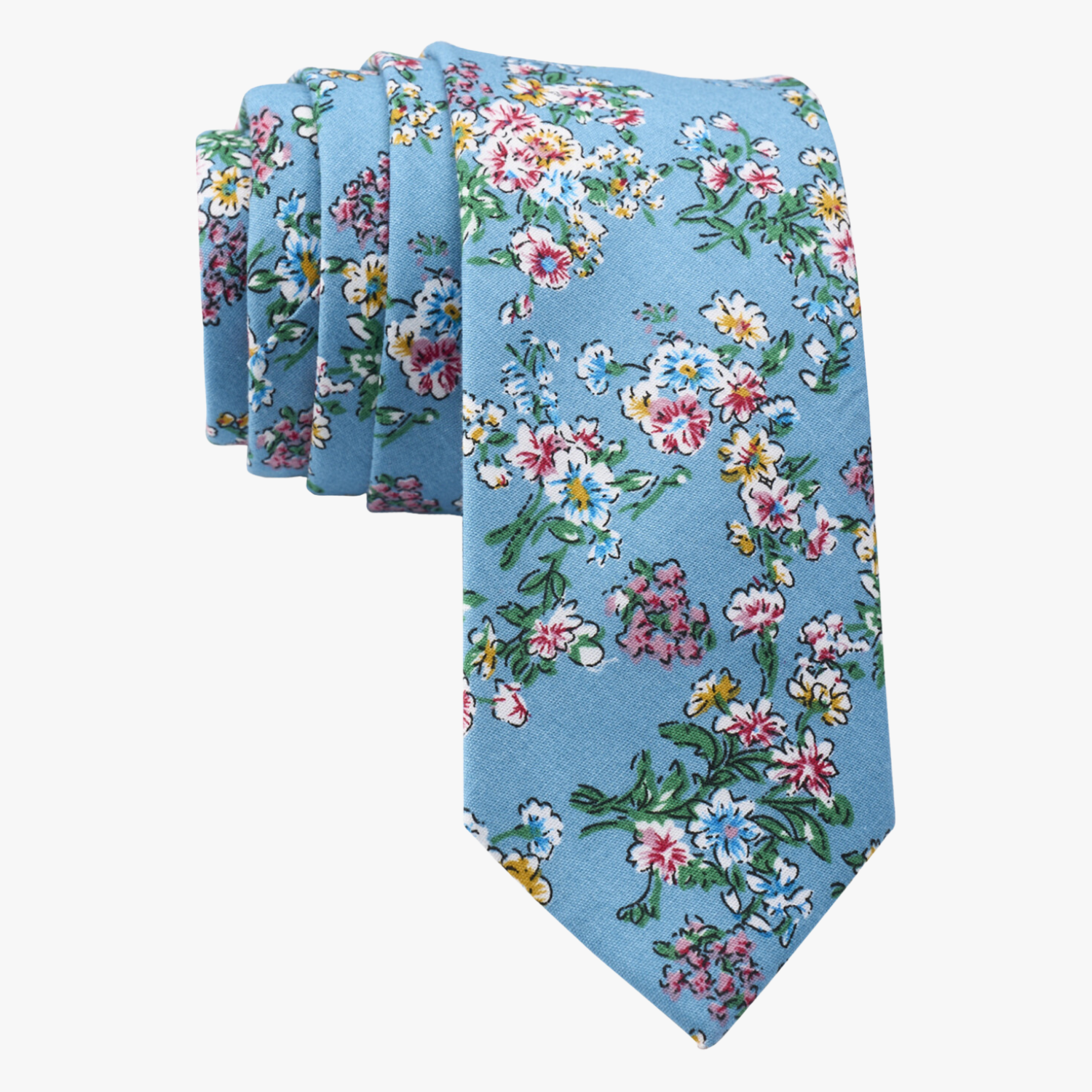 Floral necktie for men with watercolor turqouise flowers, pink and yellow blossoms, and green leaves on blue cotton fabric.