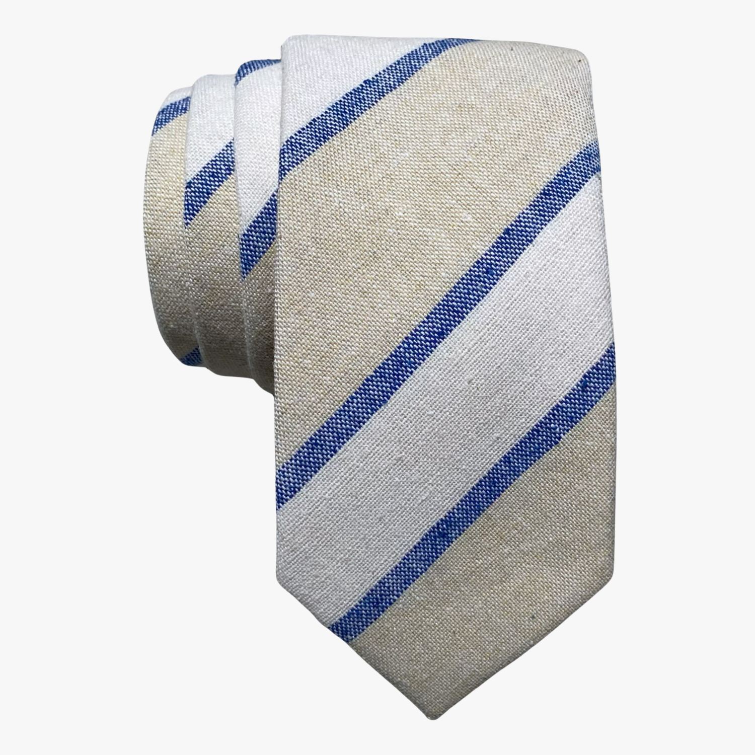 Adult mens cotton striped tie with alternating lines of dark blue, beige, and light gray, and a soft feel.