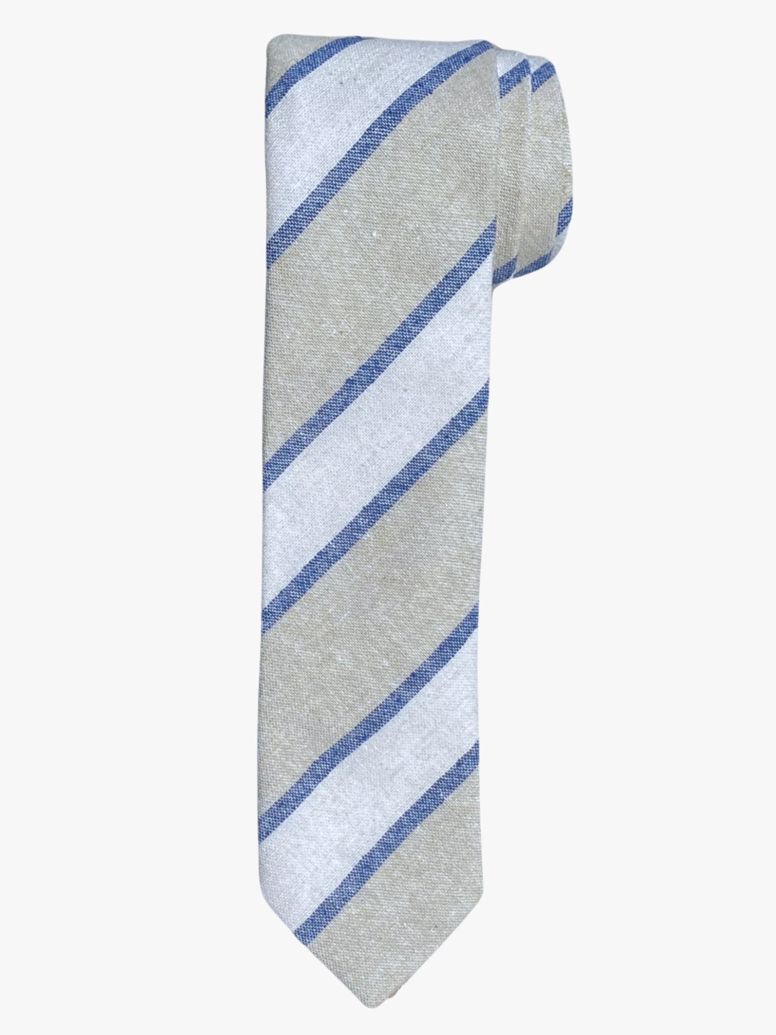 A rolled up unisex dark blue, beige, and light gray striped cotton necktie for teens, missionaries, men, and women.