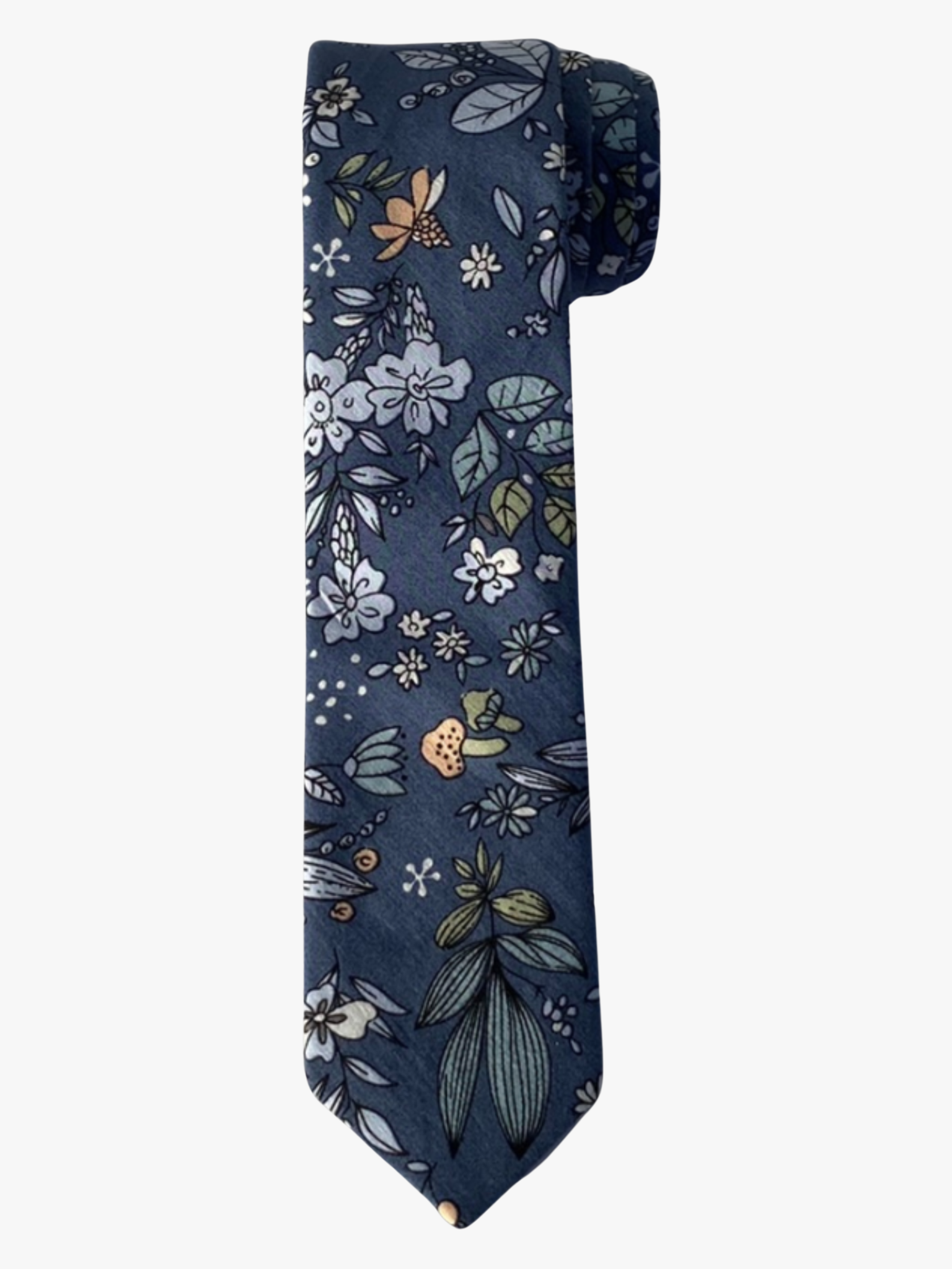 A rolled up unisex deep blue, pale blue, light green, and pink floral cotton necktie for teens, missionaries, men, and women.