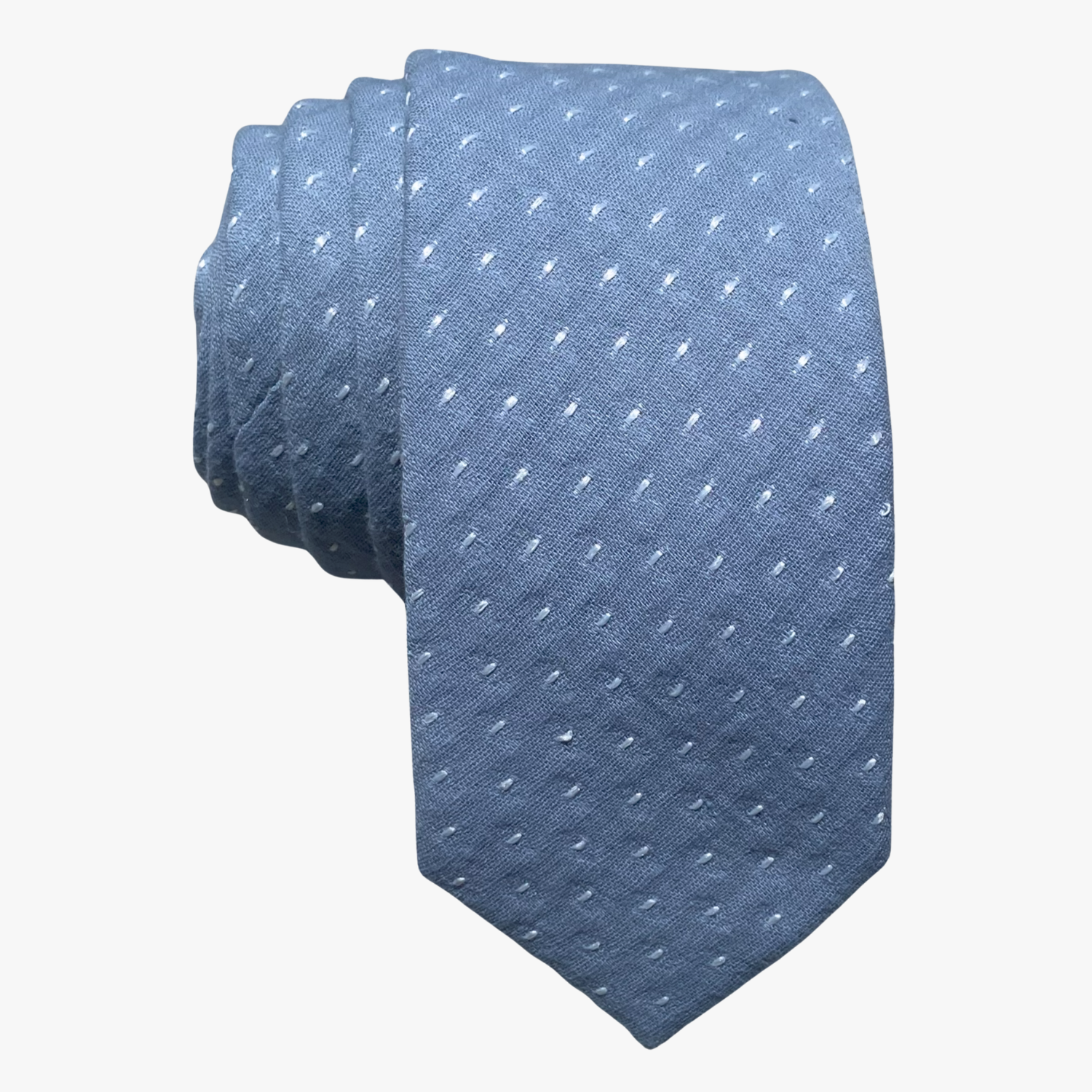 Adult mens cotton polka dot tie with a slate blue gray fabric and a repeating pattern of white dots or spots, and soft fabric.