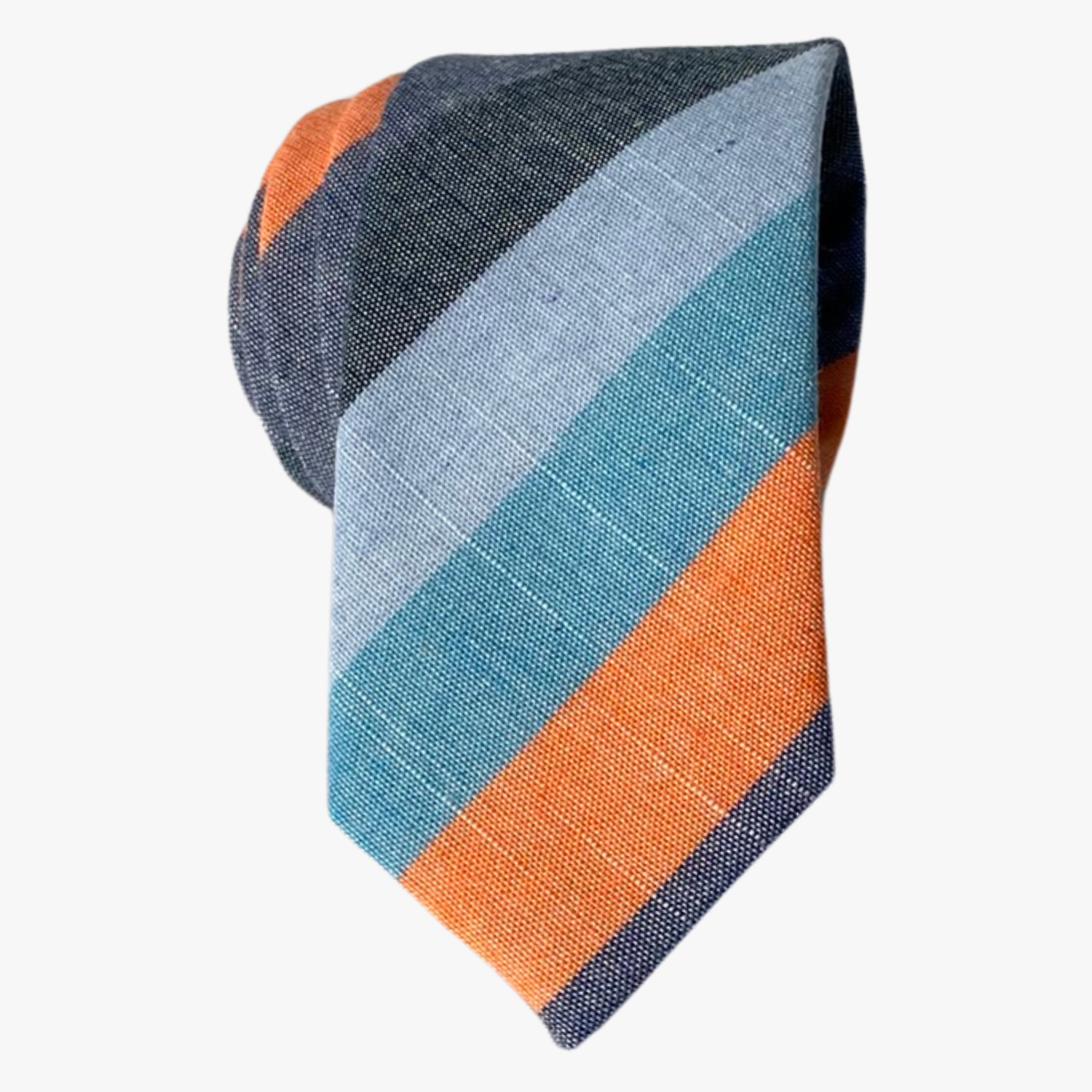 Adult mens striped tie with light blue stripes, thick orange lines, navy bars, and a bright colored design for presentations.