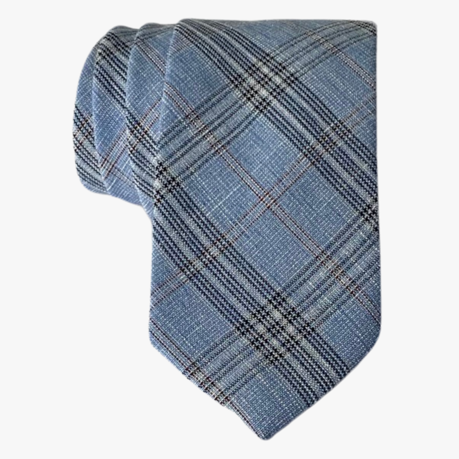 Adult mens cotton plaid tie with light blue fabric and thin black lines in an intersecting pattern for professional events.