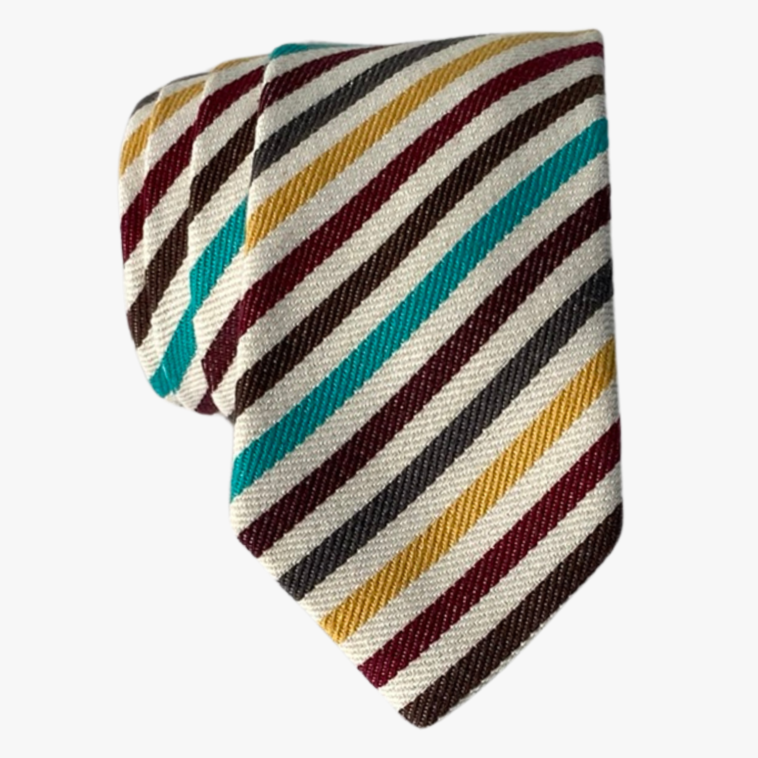 Adult mens striped tie with dark red stripes, thin yellow lines, turquoise bars, and a beige fabric for bar mitvahs. 