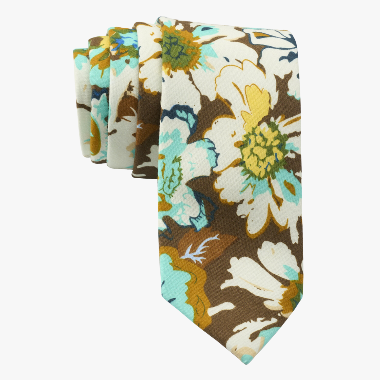 Retro floral necktie for men with white flowers, pale blue petals, yellow blossoms and brown leaves on brown cotton fabric.