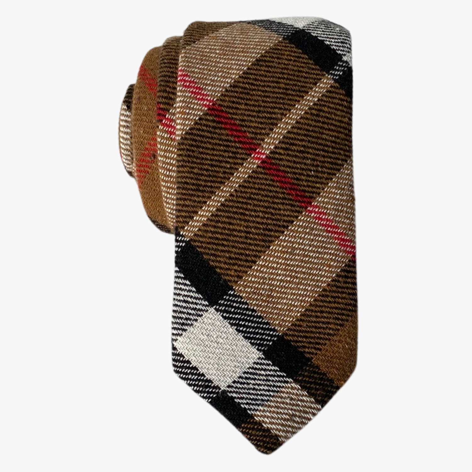 Adult mens cotton plaid tie with brown fabric, thin red lines, black bars, and colorful diagonal grid for costumes.
