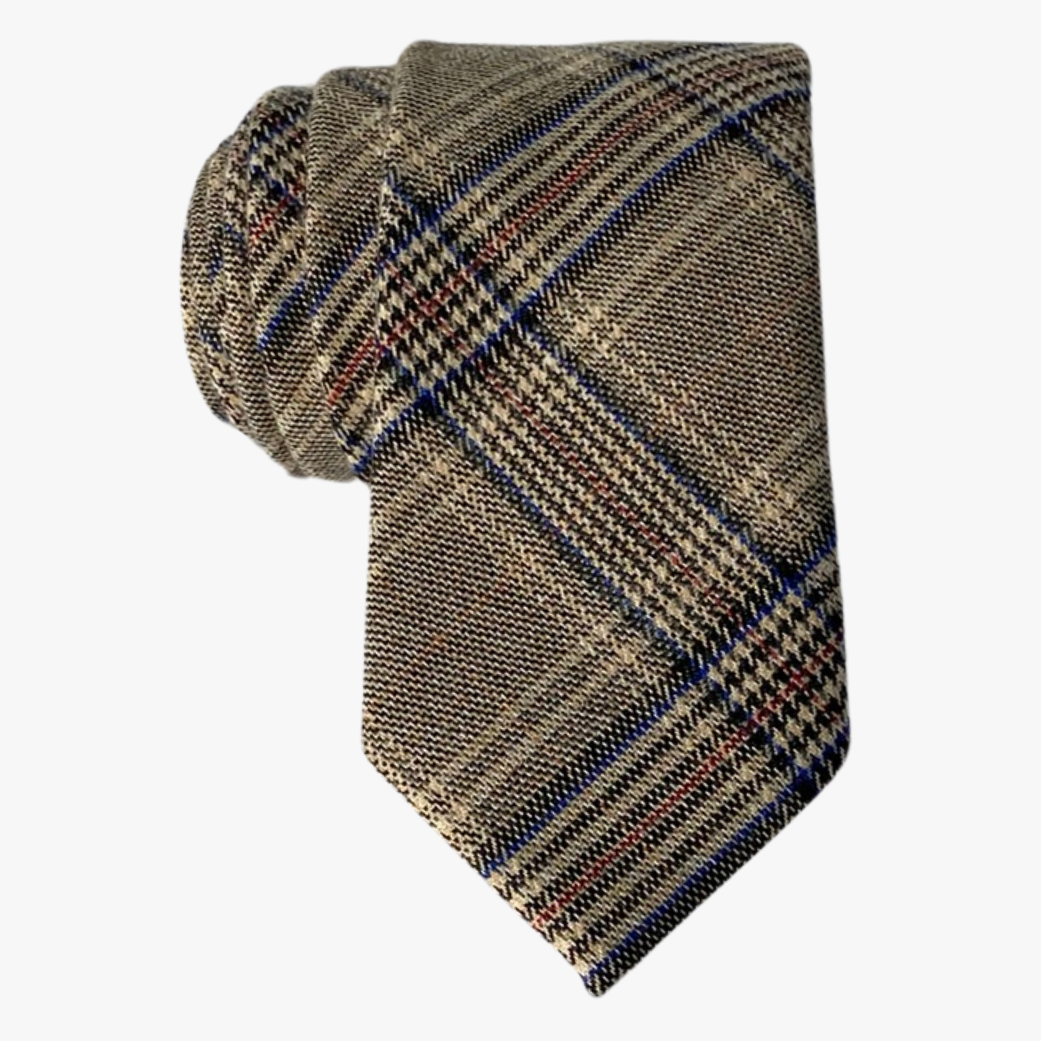 Adult mens cotton plaid tie with brown fabric, thin beige lines, narrow blue bars, and colors suited for tweed suits.