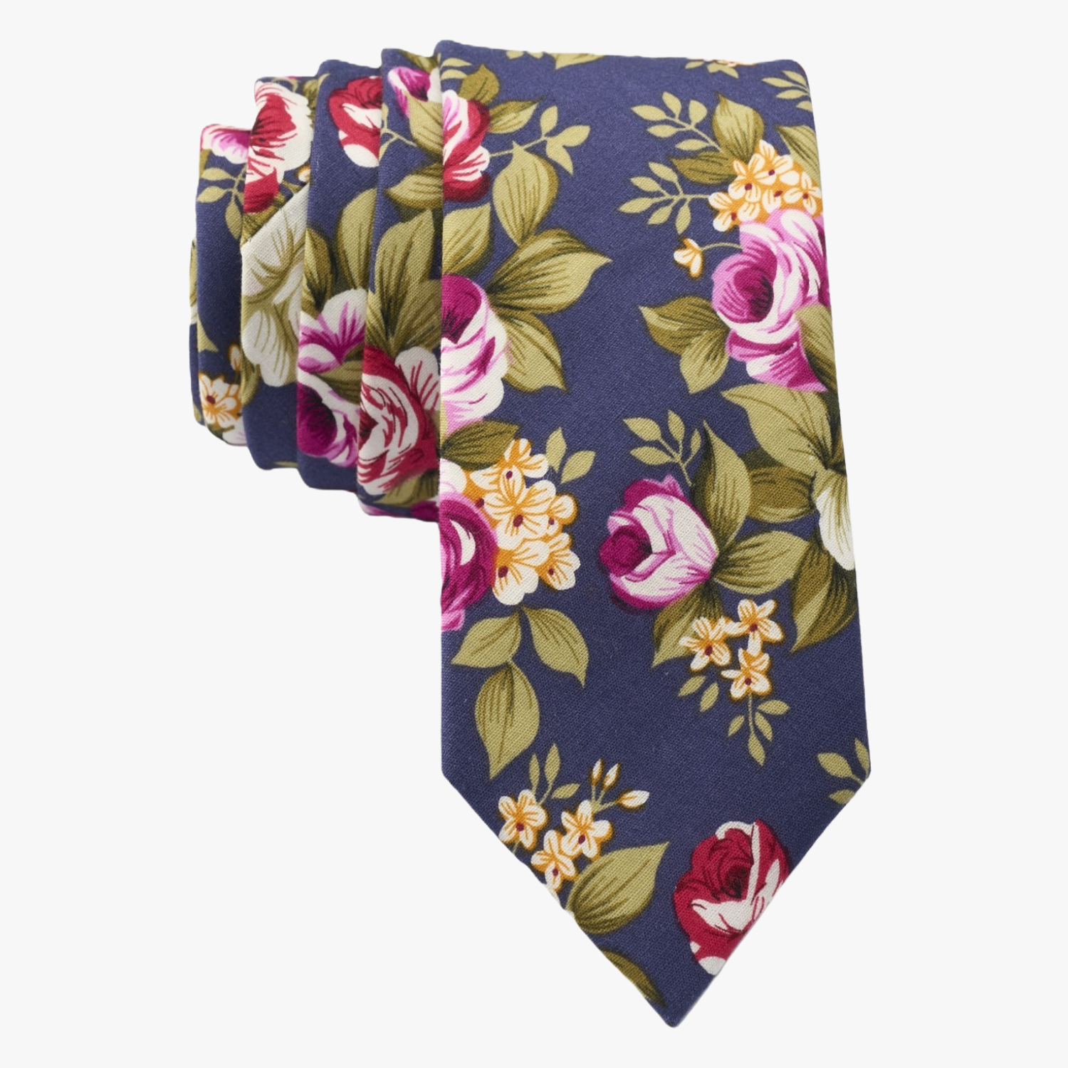 Fall floral necktie for men with pink rose flowers, red petals, yellow blossoms and green leaves on navy blue cotton fabric.