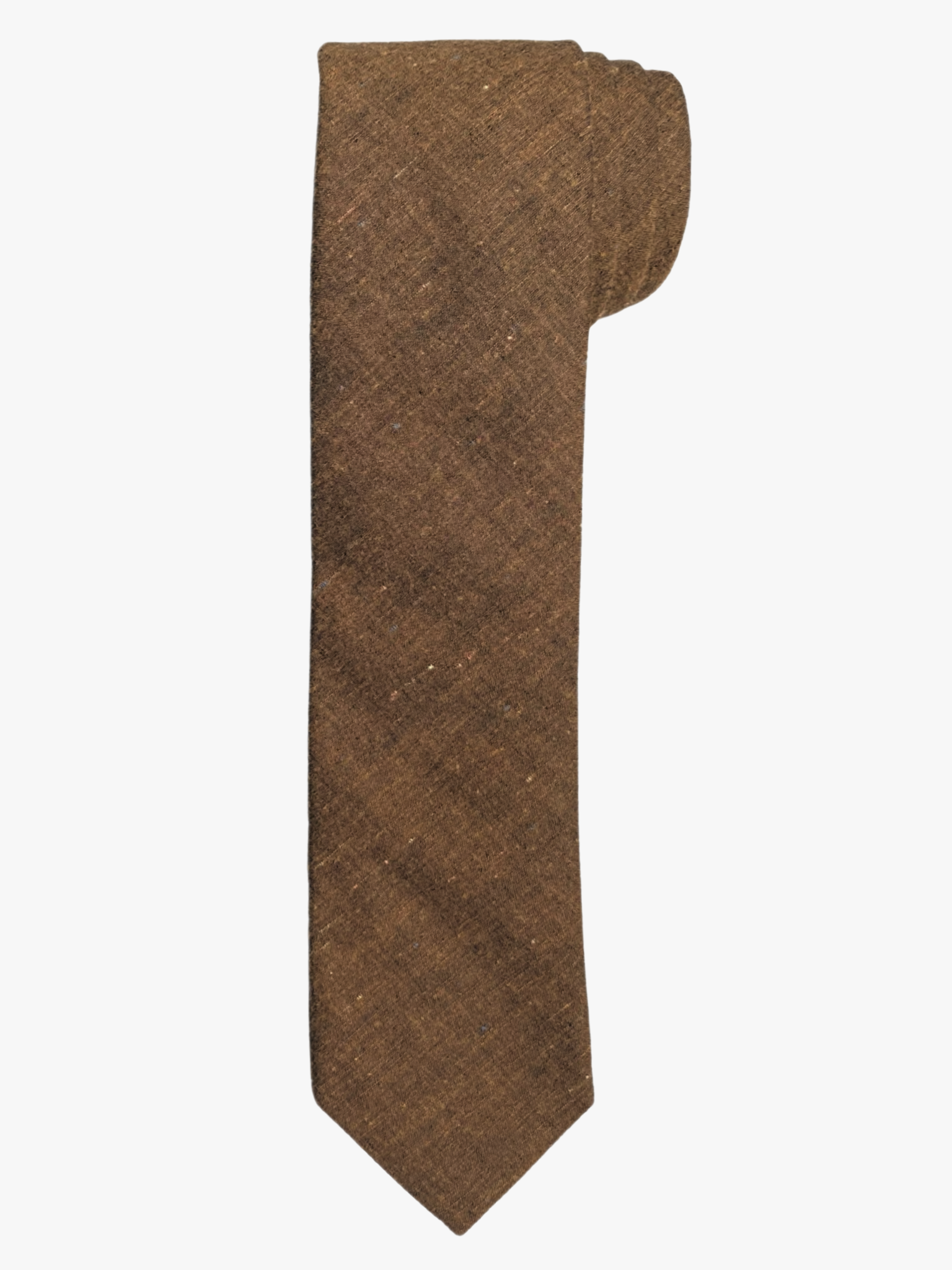 A rolled up unisex copper and brown solid speckled cotton necktie for teens, missionaries, men, and women.