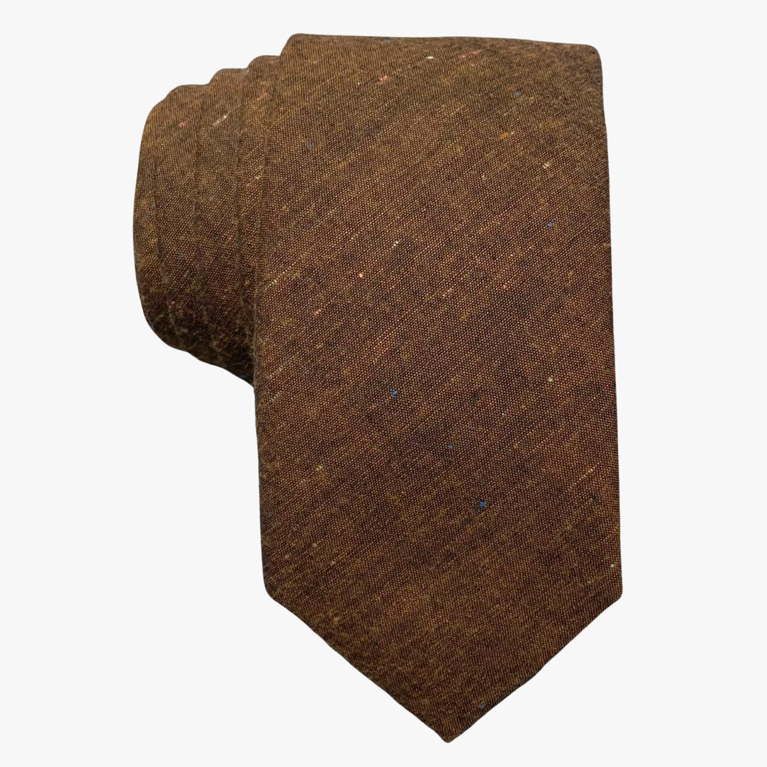 Adult mens cotton solid speckled tie with copper brown fabric colorful speckles, spots, and dots of colors, and a soft feel.