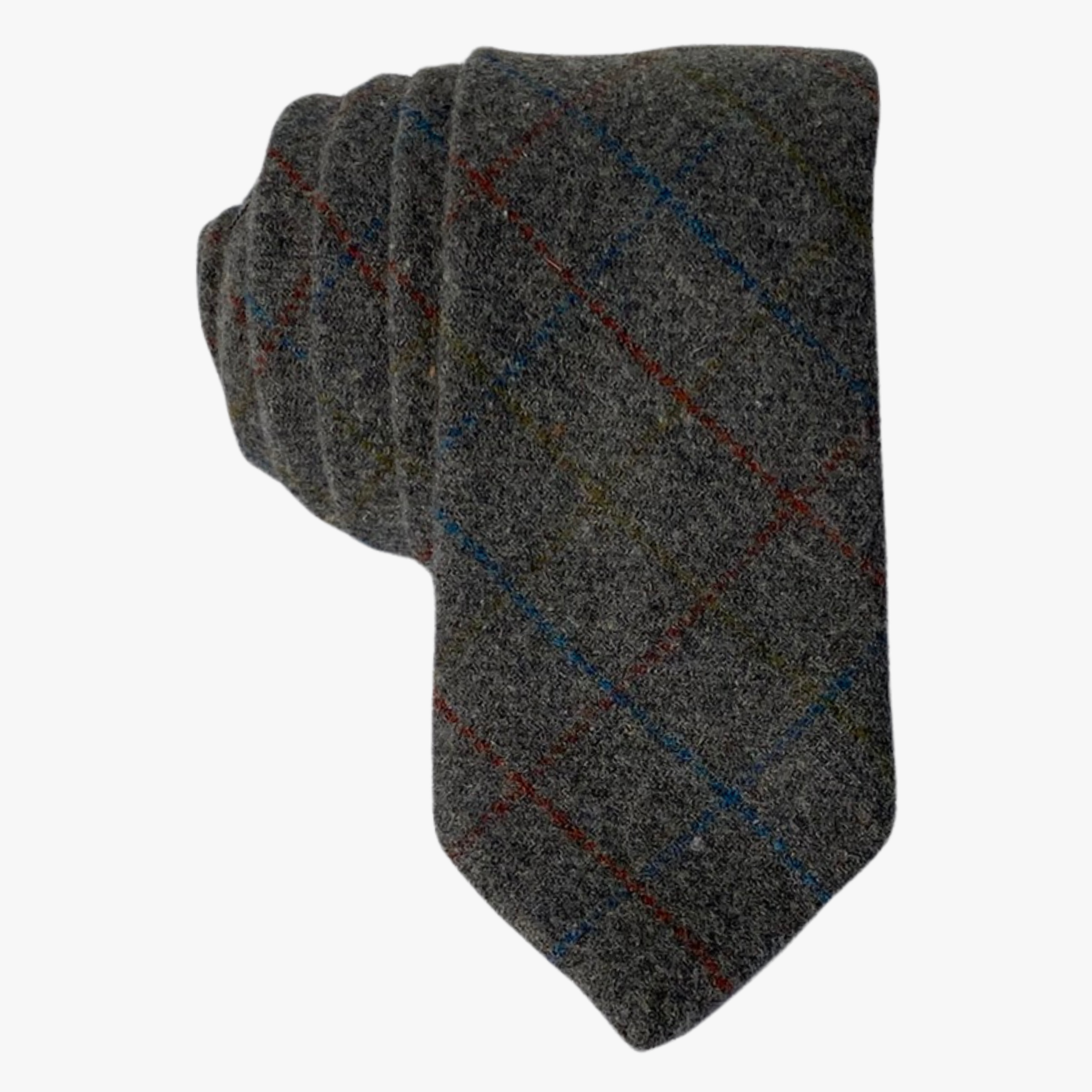Adult mens cotton plaid tie with dark gray fabric, thin blue and red lines, and subtle grid design best for church services.