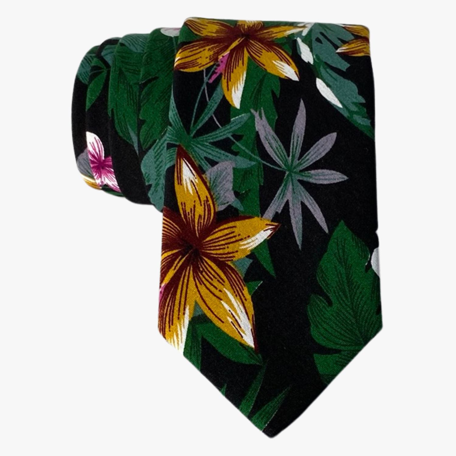 A mens black cotton tropical floral tie with large golden yellow flowers, deep green jungle leaves, and pastel green accents.