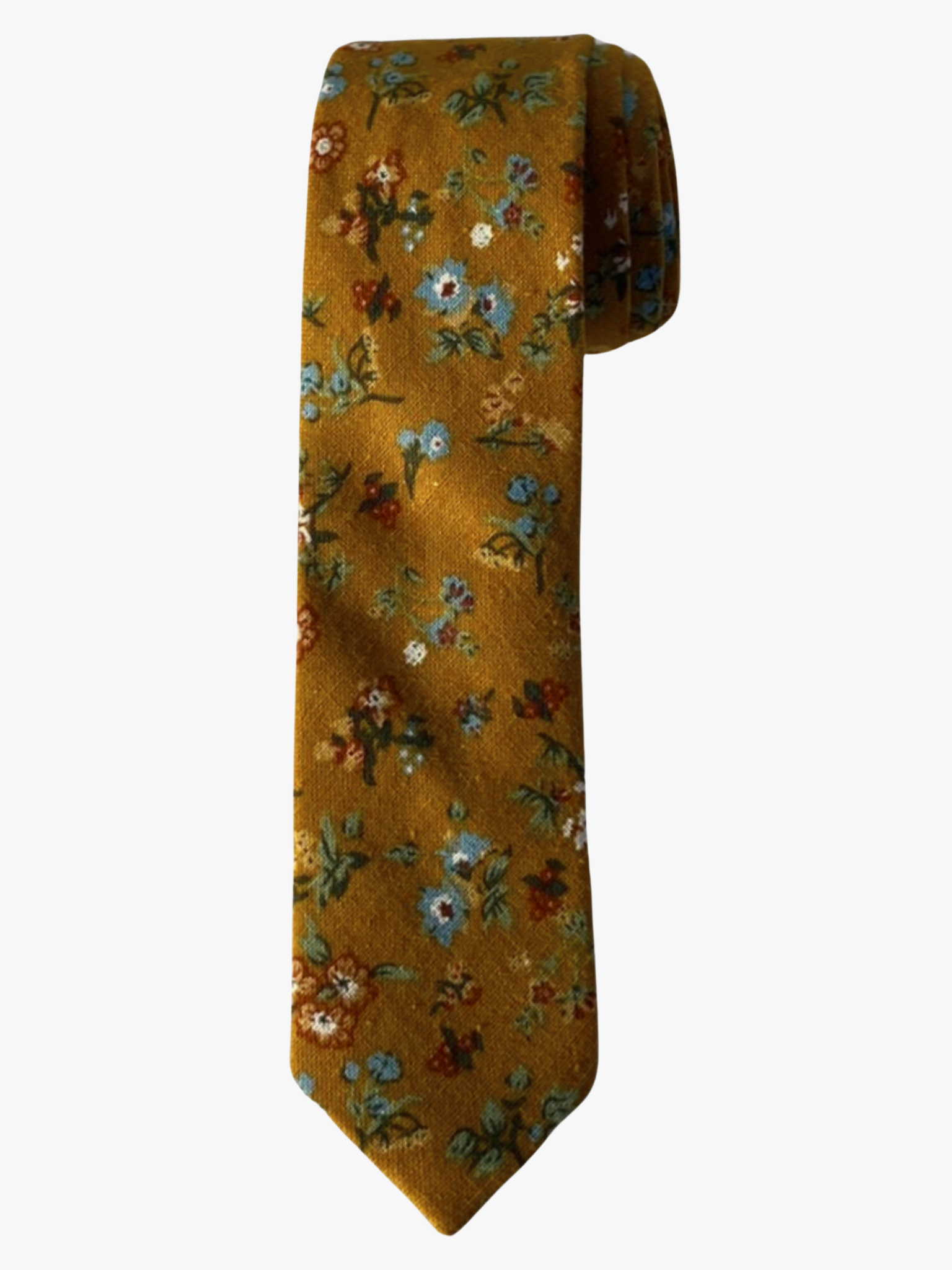 A rolled up dark yellow, pale blue, green, red, and white floral cotton necktie for teens, missionaries, men, and women.