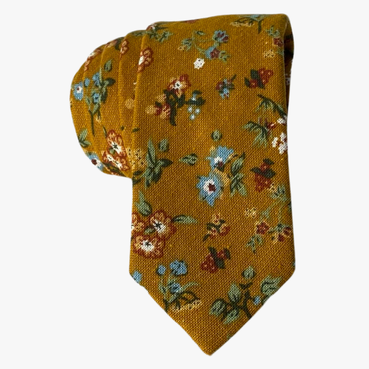 An adult dark mustard yellow floral tie with small dusty blue flowers, sage green leaves, and red and white accents.