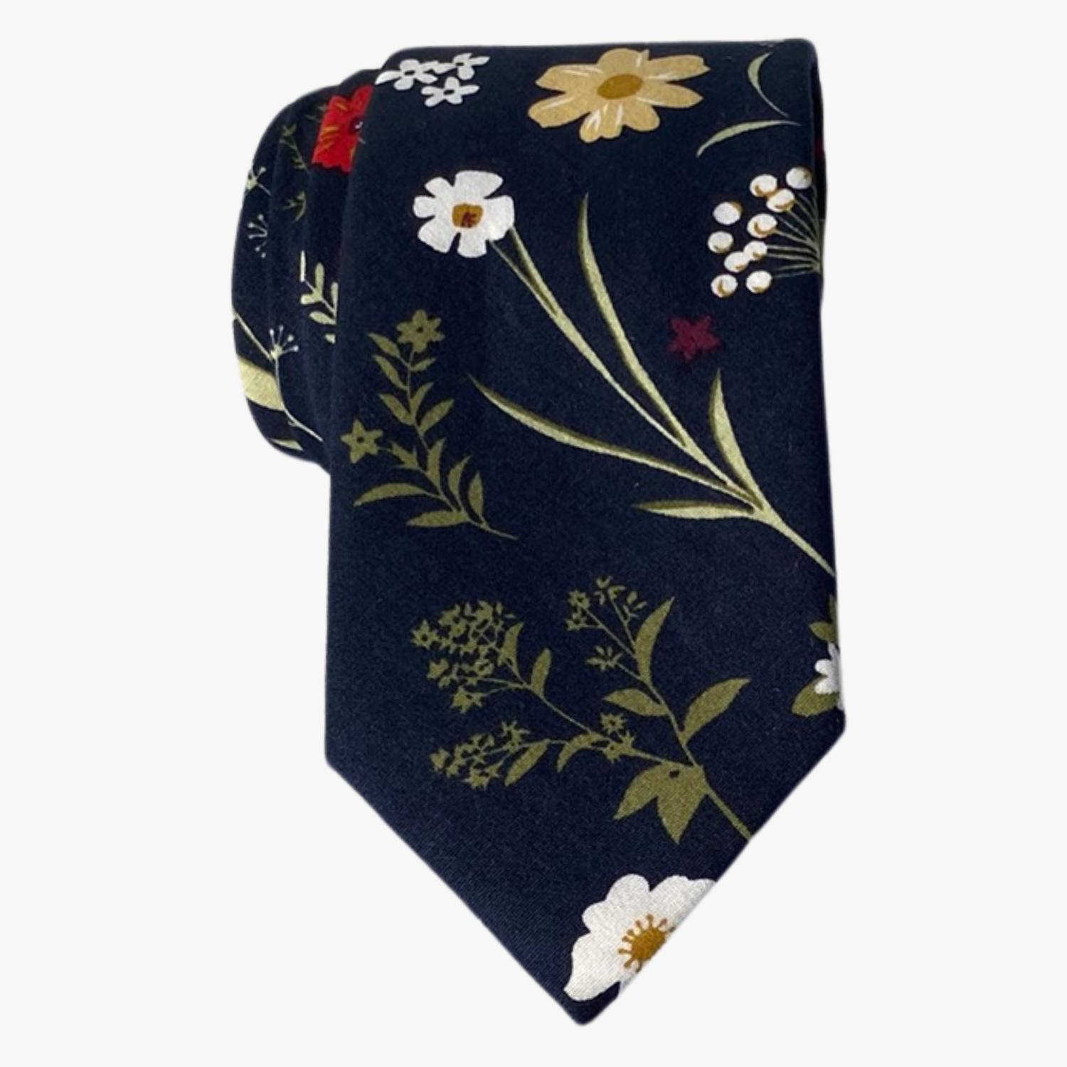 An adult cartoonish navy blue floral tie with olive green leaves, yellow and white daisies, and red flowers. 