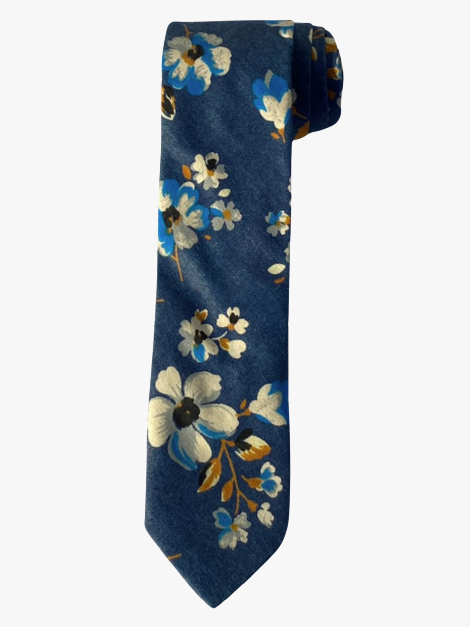 A rolled up unisex blue, white, and bronze floral cotton necktie for teens, missionaries, men, and women.
