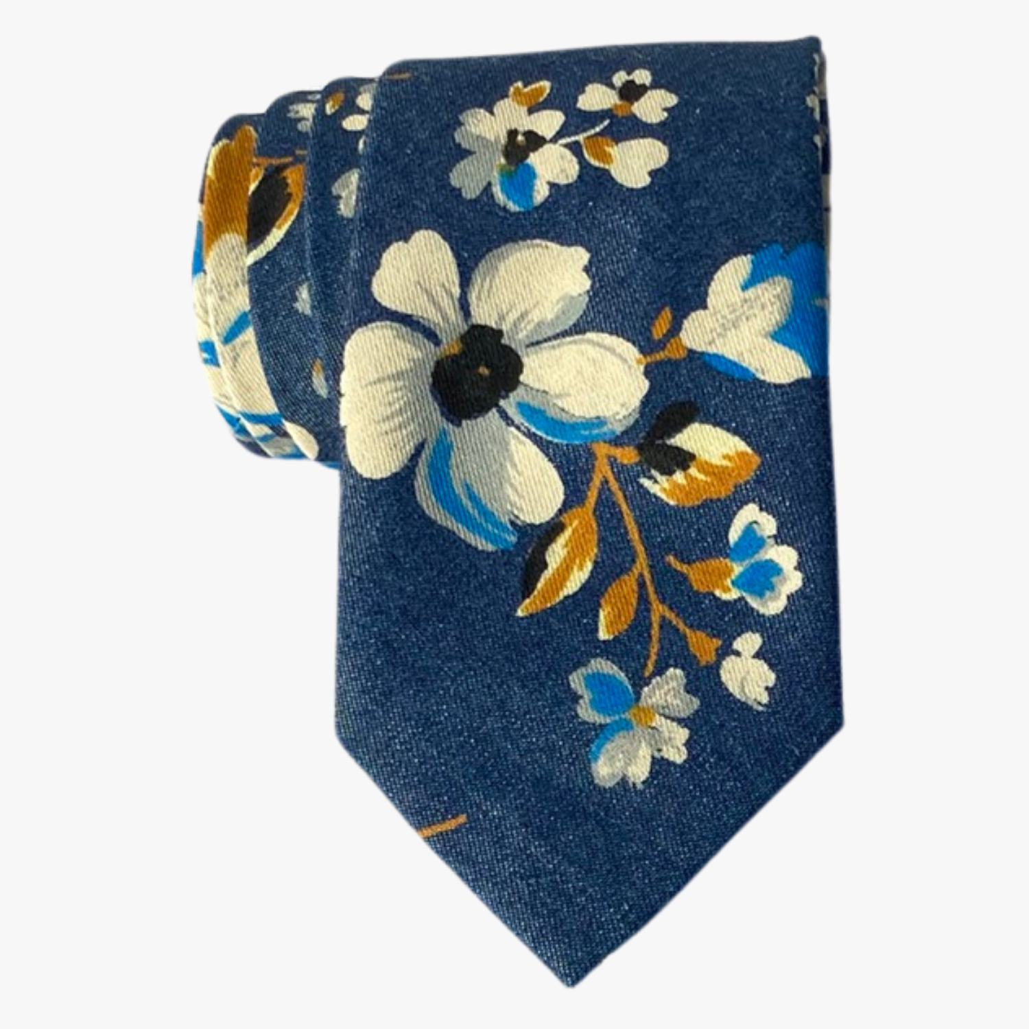 An adult denim blue floral tie featuring painted white flowers with golden yellow stems, and electric blue accents. 