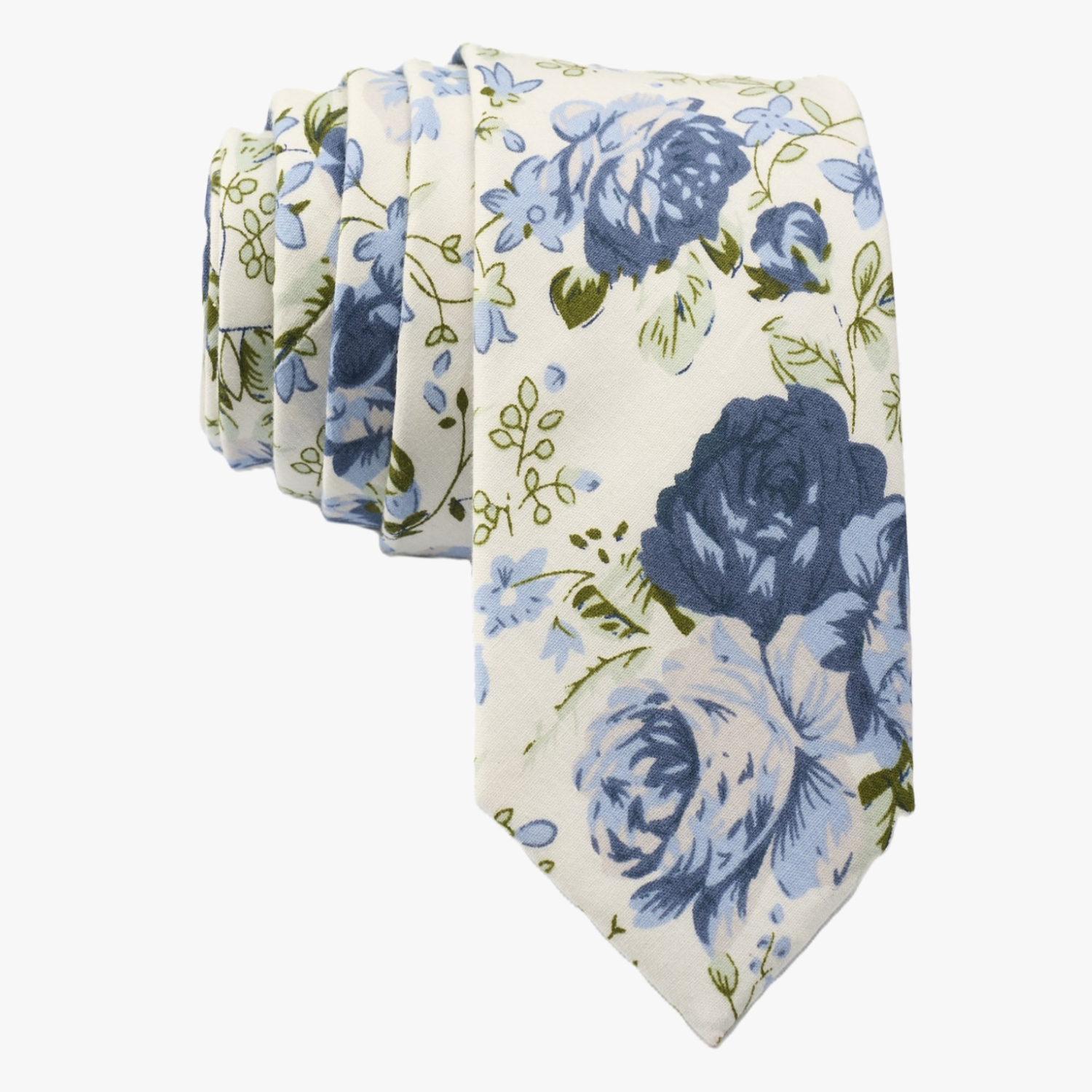 Floral fall wedding necktie for men with large blue flowers, dusty petals, and light green leaves on off-white cotton fabric.