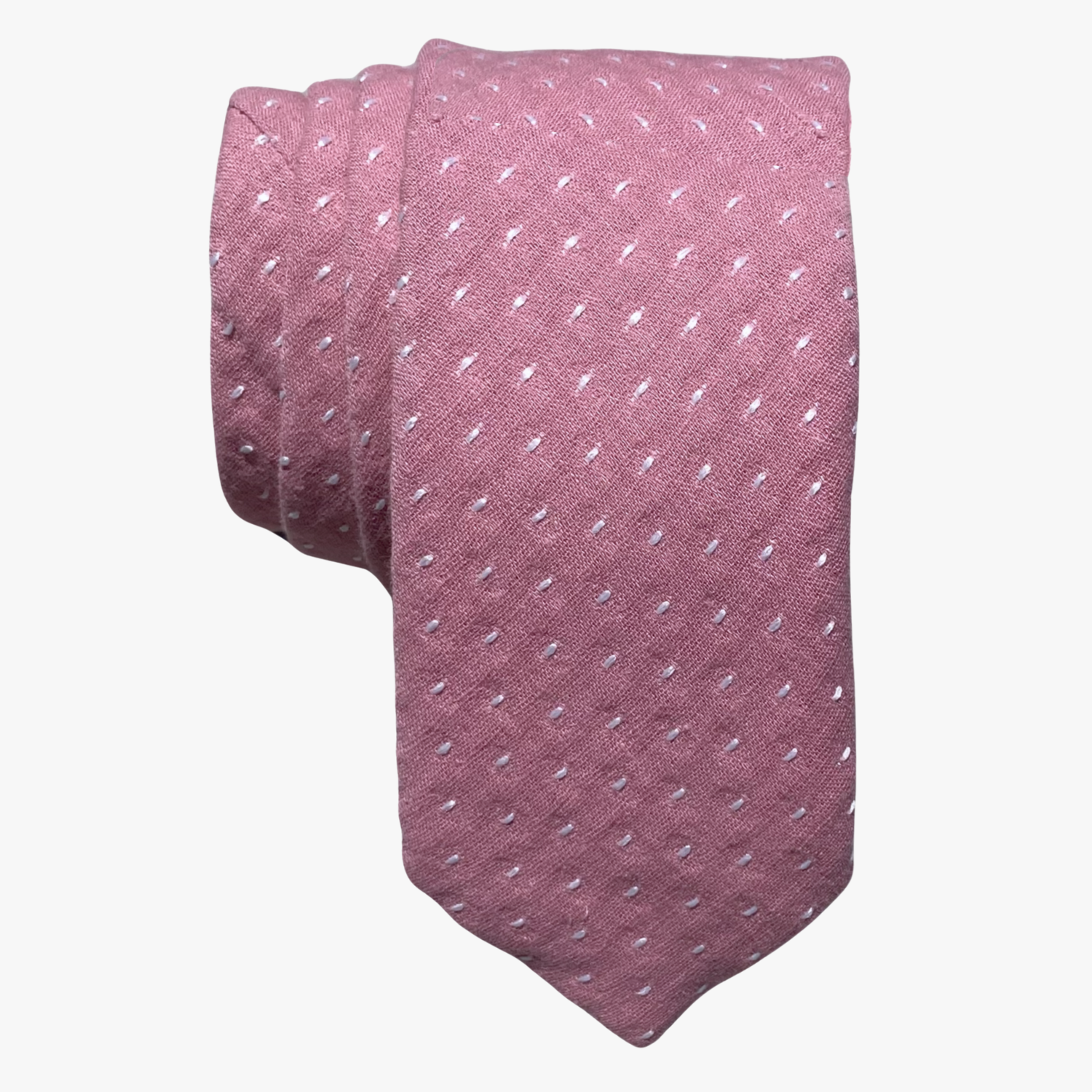 Adult mens cotton polka dot tie with a fuchsia pink fabric and a repeating pattern of white dots or spots, and a soft feel.