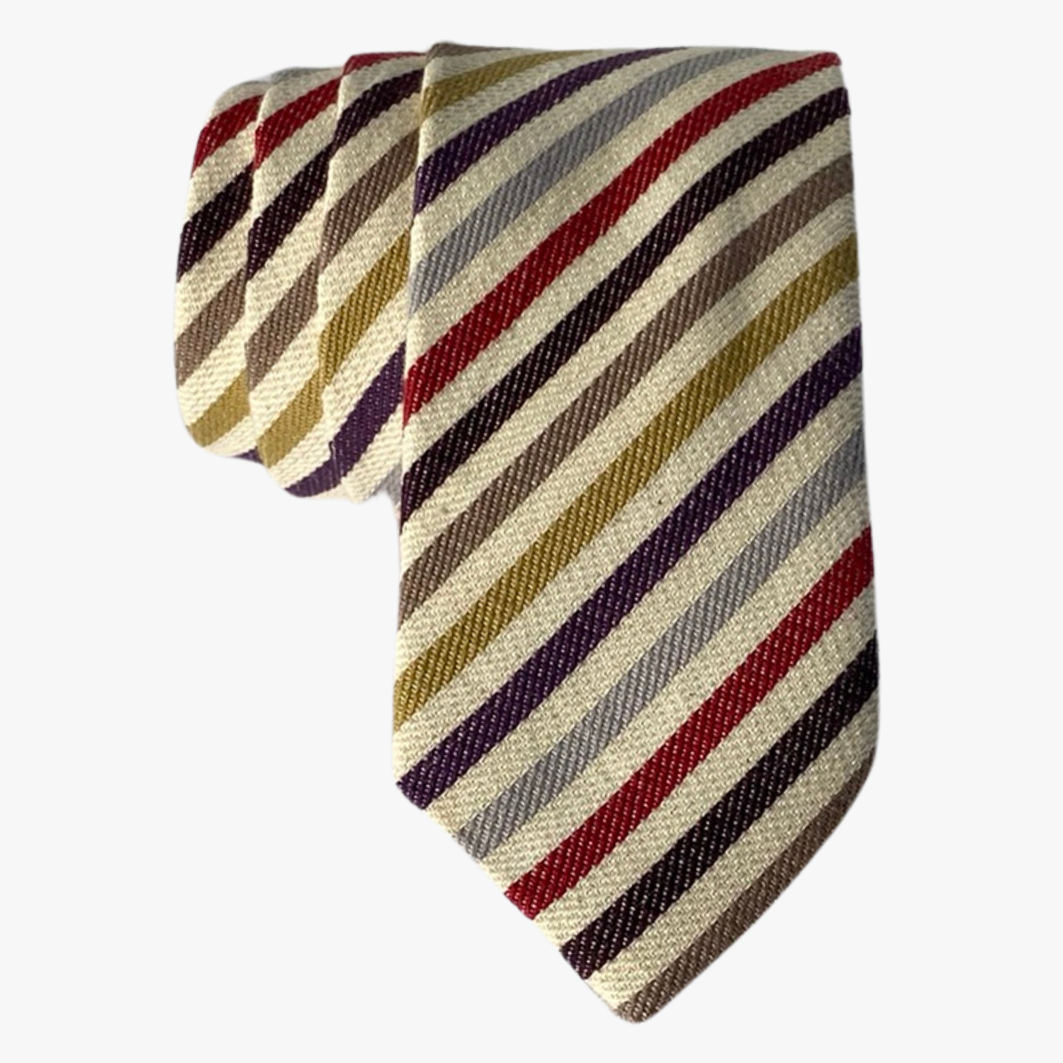Adult mens striped tie with dark red stripes, thin ochre lines, purple bars, and colorful diagonal designs for baptisms.