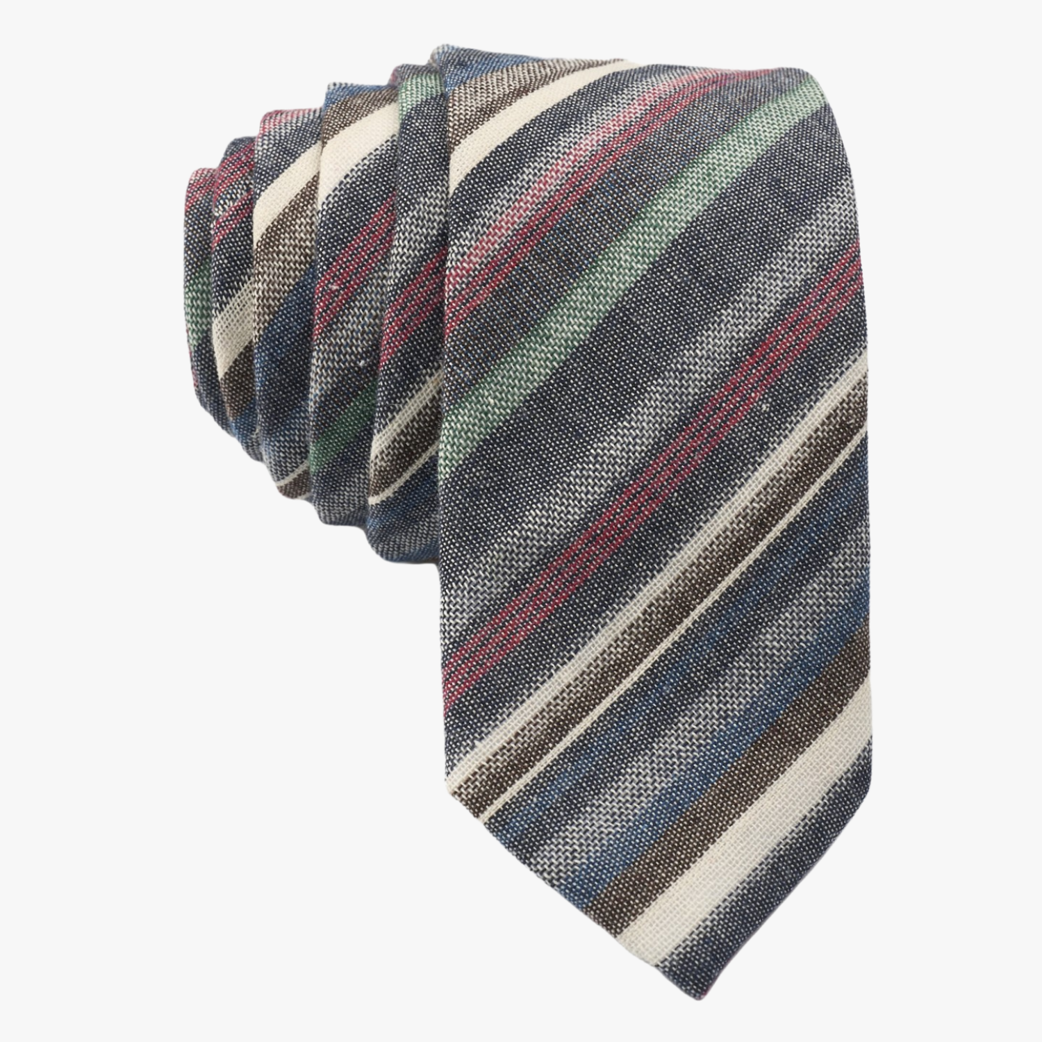 Adult mens striped tie with dark gray stripe, thin red lines, light grey bars, and colorful diagonal designs for graduations.
