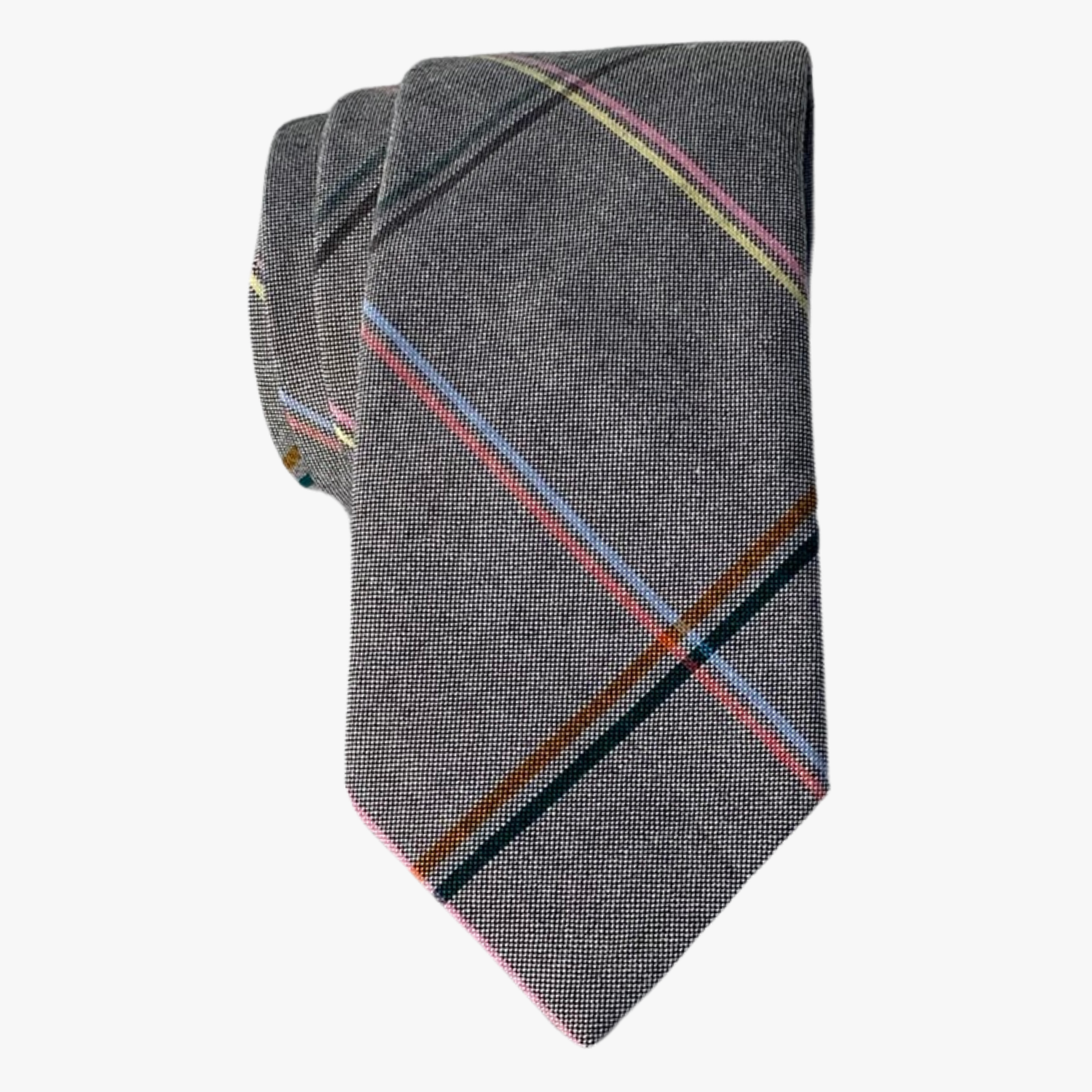 Adult mens cotton plaid tie with gray fabric, a grid of intersecting thin blue, red, yellow, and pink lines, and a soft feel.