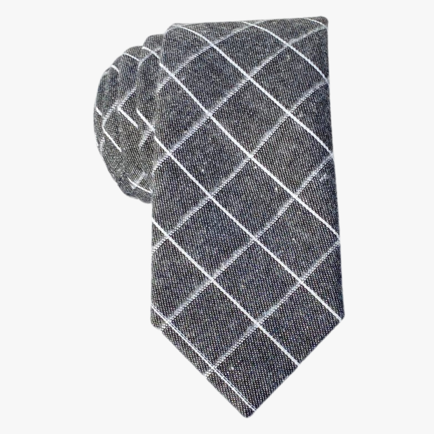 Adult mens cotton plaid tie with light gray fabric, intersecting thin white lines, and a geometric grid for math teachers.