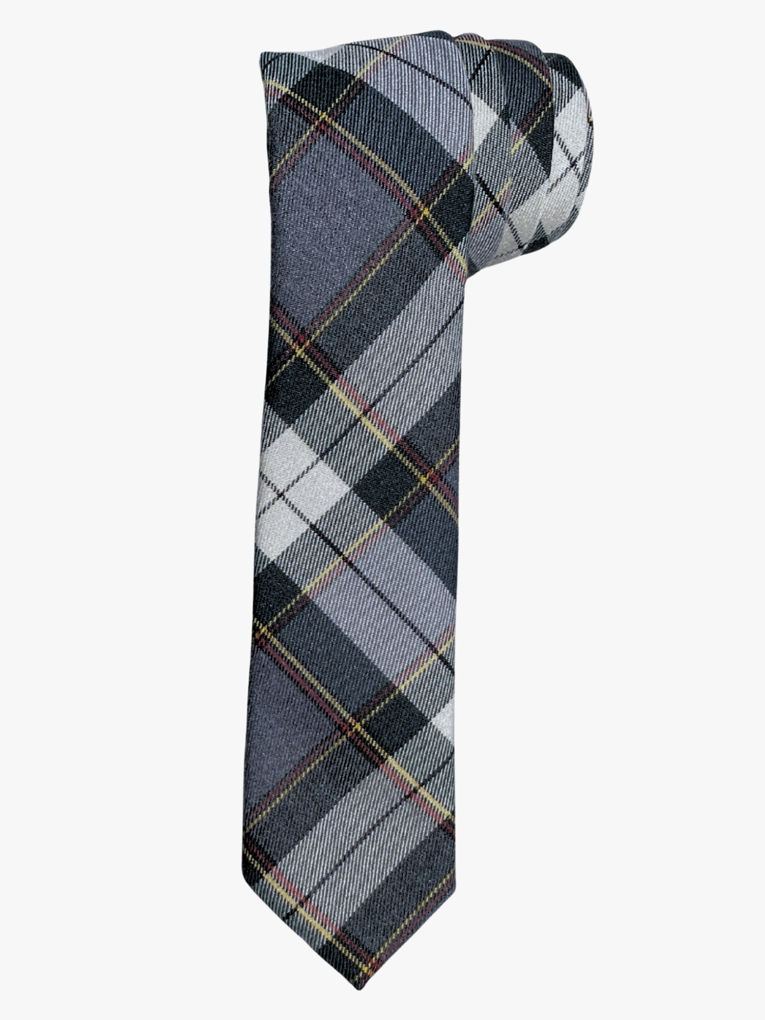 A rolled up unisex gray, red, yellow, and white plaid cotton necktie for teens, missionaries, men, and women.