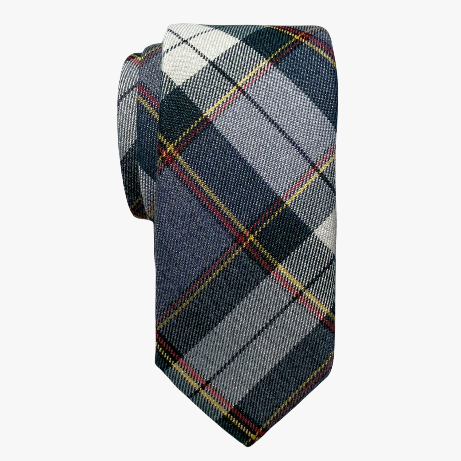 Adult mens cotton plaid tie with tartan designs of gray, red, and yellow on white fabric, and a soft feel.