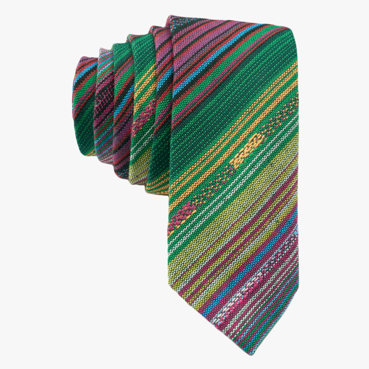 Adult mens striped necktie with green stripe, purple lines, yellow bars, blue designs and Mexican fiesta Latin America style.