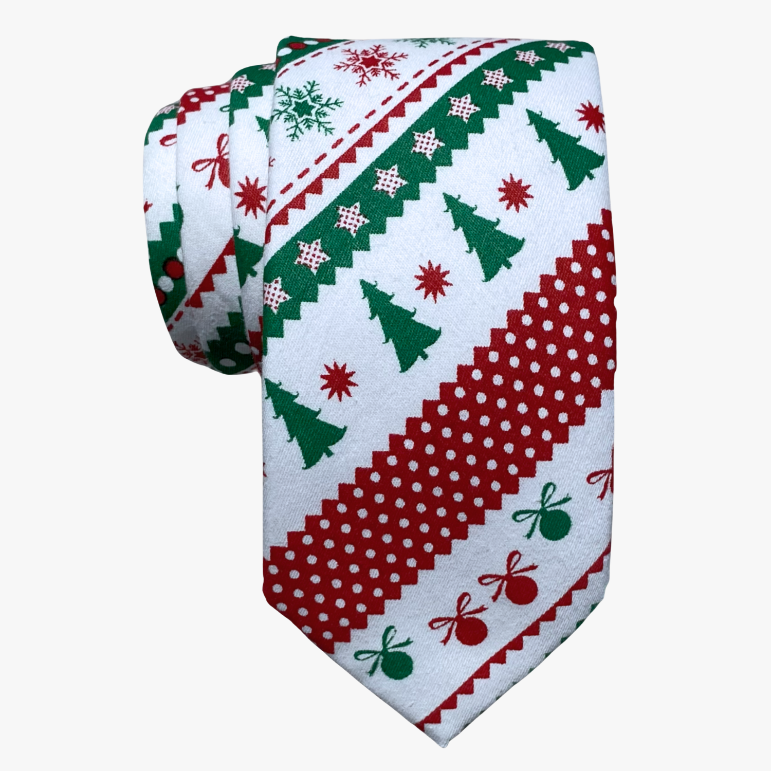 Adult mens cotton ugly Christmas sweater tie with lines of green pine trees, red ornaments, and gift bows, and a soft feel.