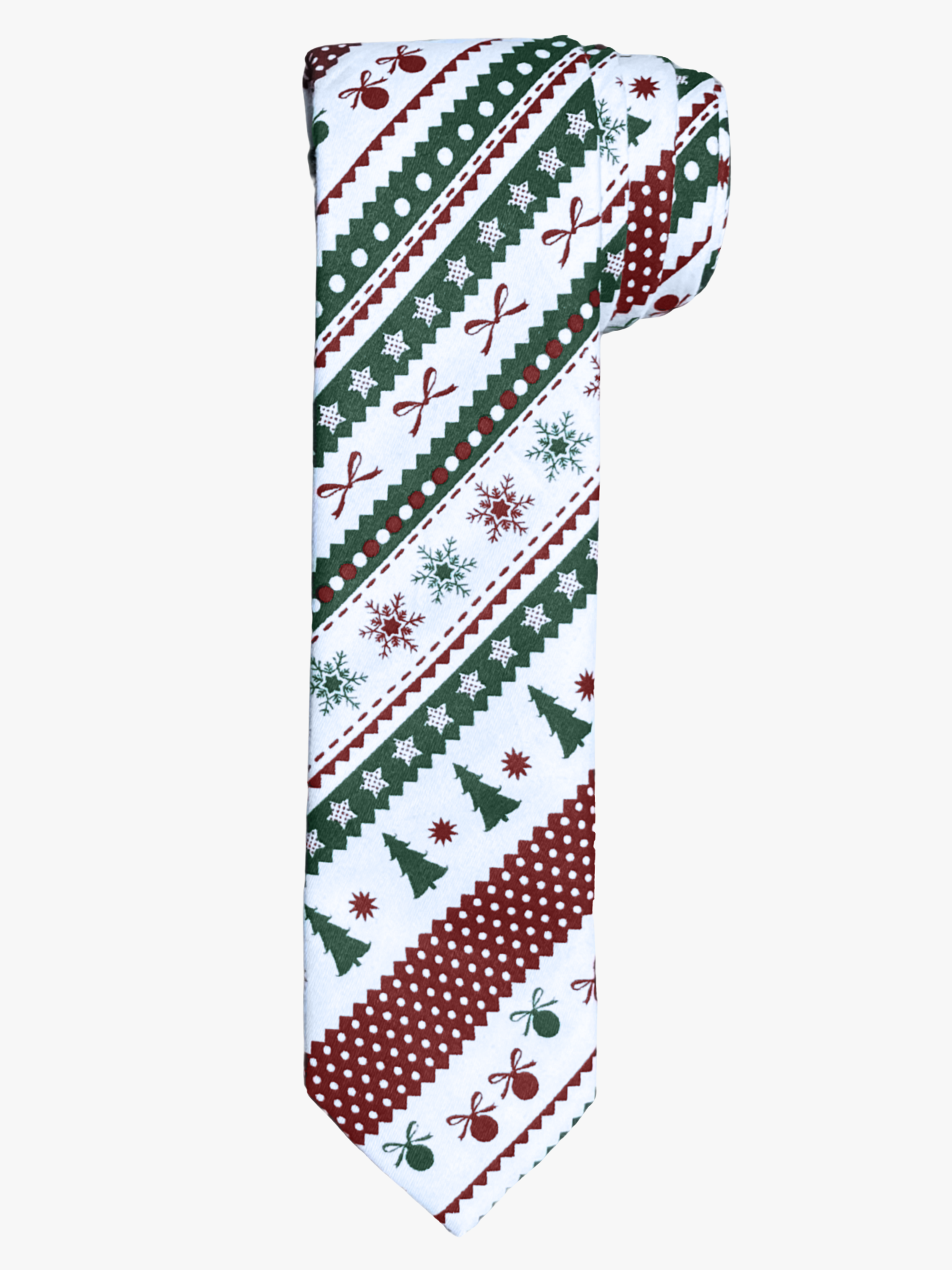 A rolled up unisex green and red ugly Christmas sweater cotton necktie for teens, adults, men, and women.