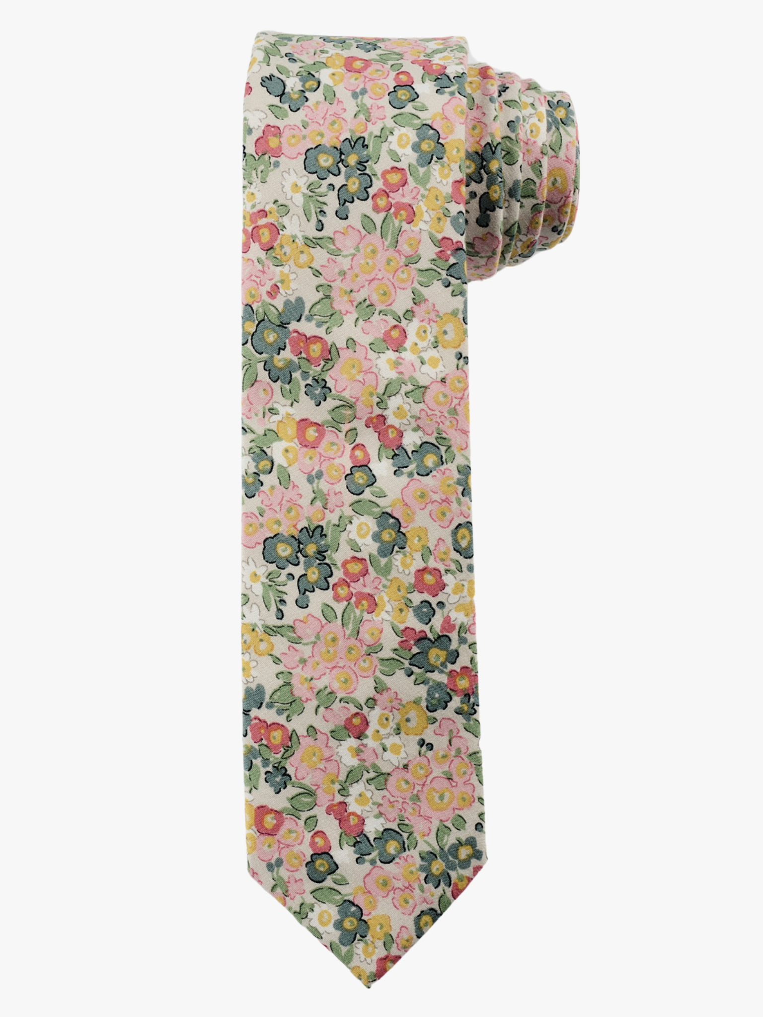 A rolled up white and pink floral cotton necktie for teens, missionaries, men, and women.