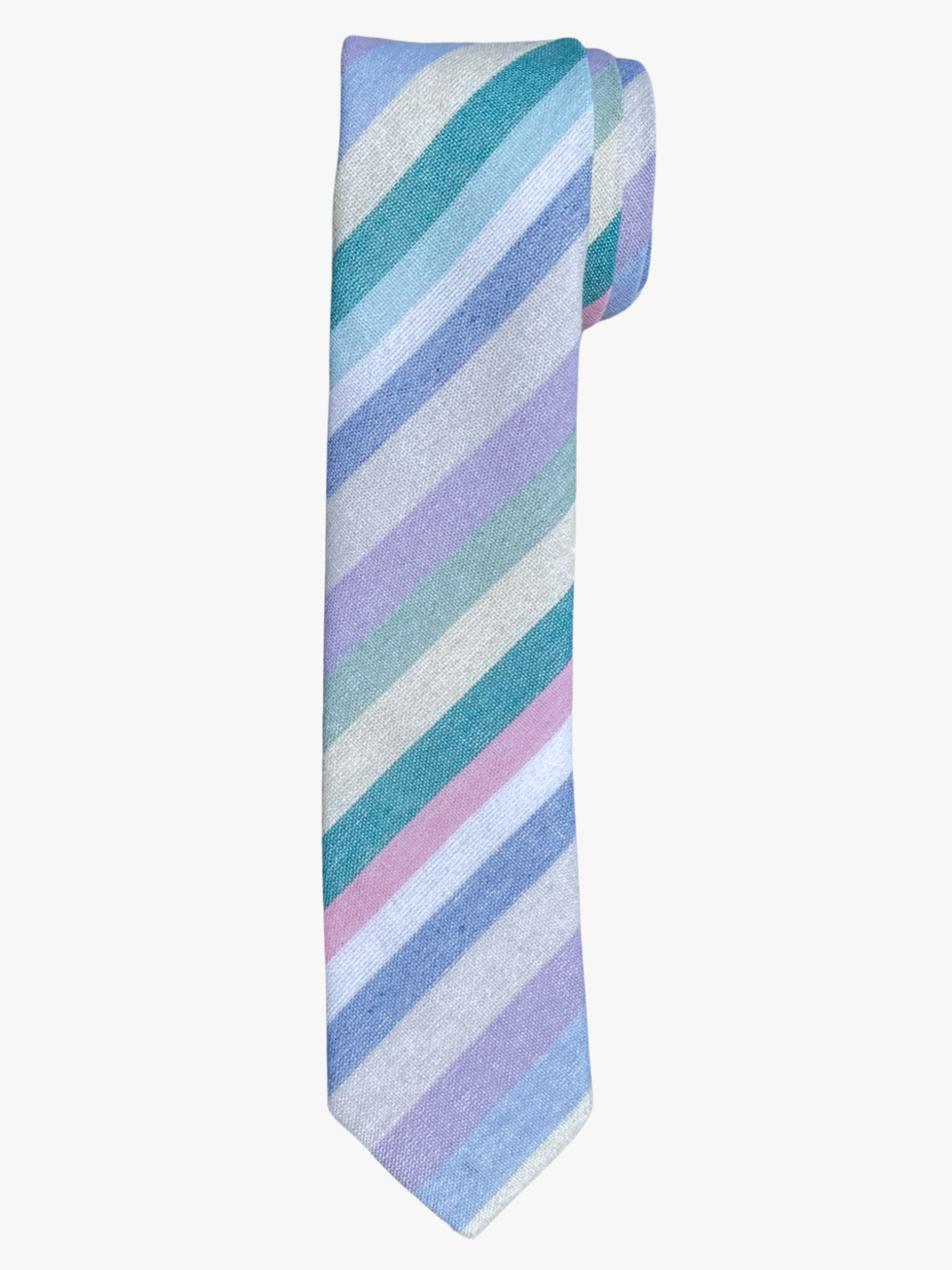 A rolled up unisex pastel pink, lavender, white, and green striped cotton necktie for teens, missionaries, men, and women.