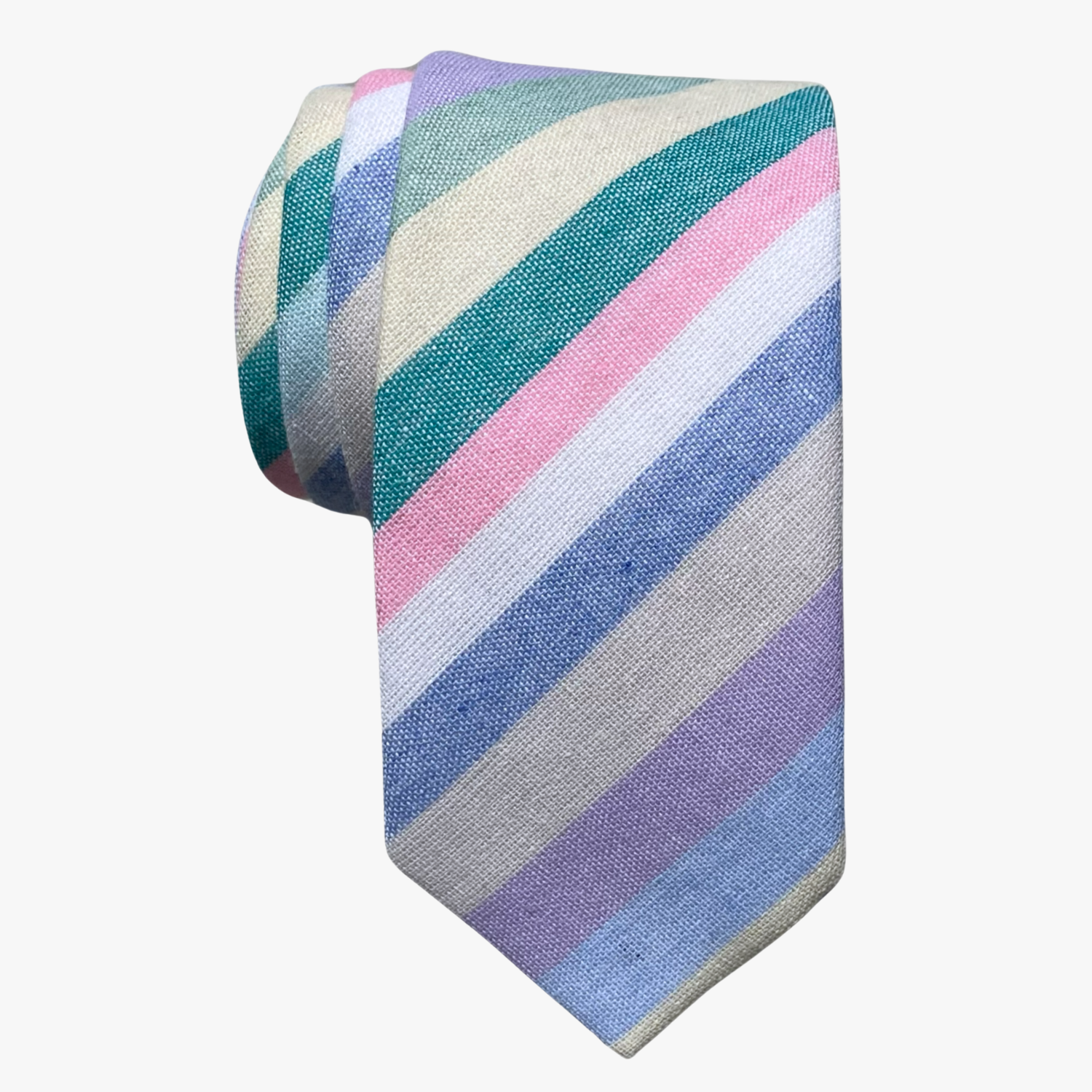 Adult mens cotton striped tie with pastel Easter colors of pink, lavender, white, and light green, and a soft feel.