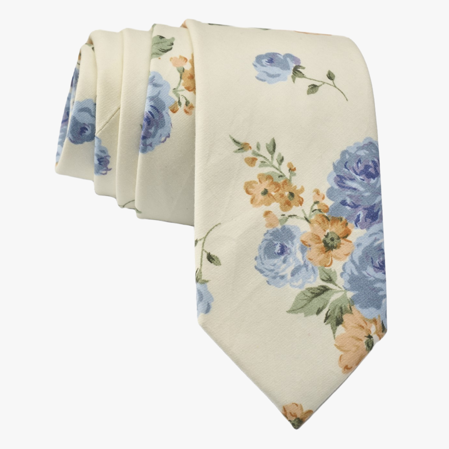 Floral necktie for men with dusty blue rose flowers, deep yellow petals, and light green leaves on off-white cotton fabric.